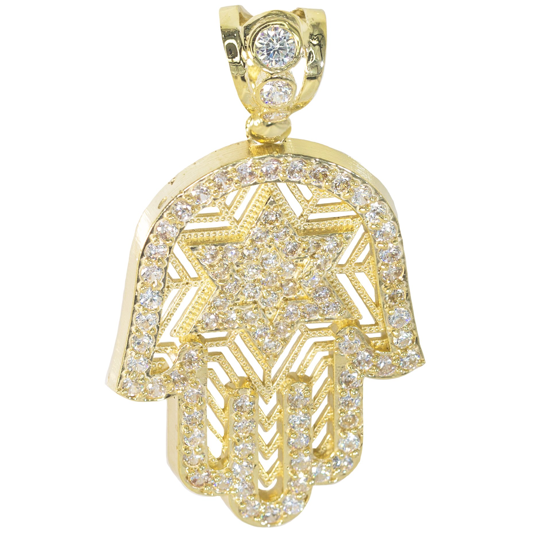 5.87 cttw CZ 10K Gold Hamsa Miriam Philosophical Hand of Miriam Religious Jewish Micro Pave Necklace Extra Large Pendant