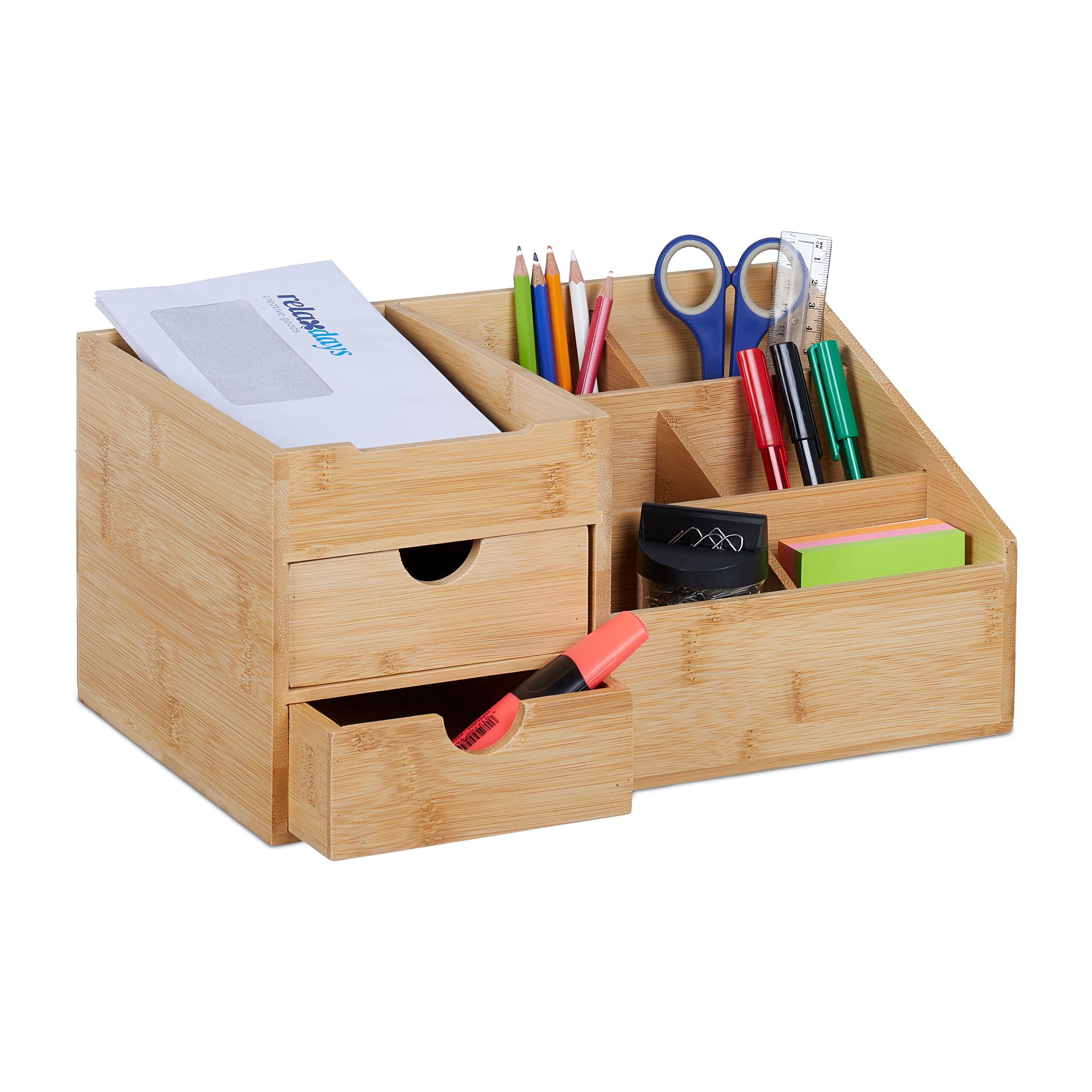 Relaxdays Organizador De Escritorio Con 2 Cajones, Bambú Veteado Y MDF, Cajonera De Sobremesa, 14x33x21cm, Negro/Natural