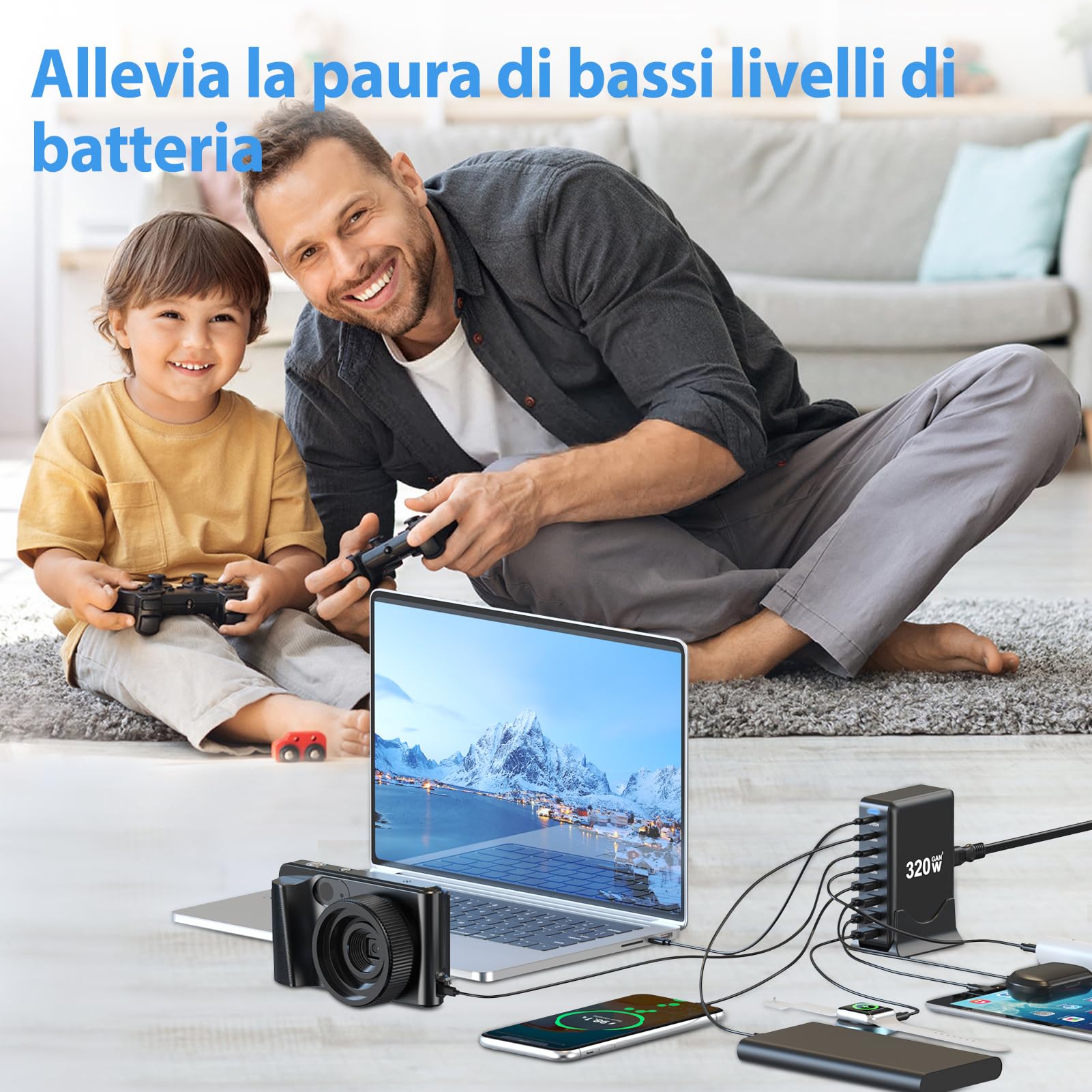 Caricabatterie USB C da 320 W: ricarica rapida GaN III a 8 porte, caricabatterie da tavolo USB C PD, compatibile con iPhone, Samsung, MacBook, Dell e altri dispositivi.