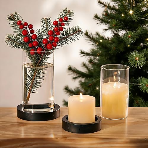 NUPTIO Portavelas de madera, pilar bandeja negra para velas con jarrón redondo de vidrio de huracán, juego de 2 portavelas flotantes cilíndricos