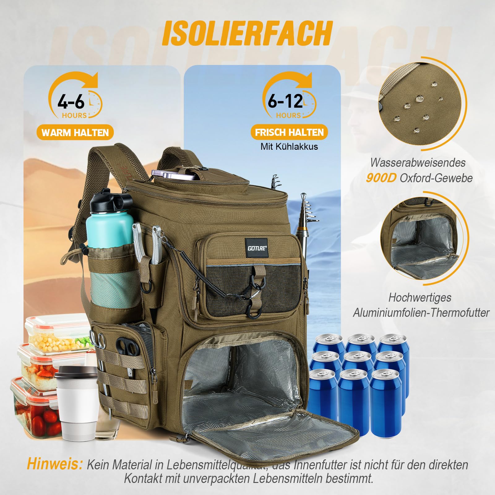 Goture Angelrucksack mit 4 Köderbox Angeln, 55-Liter Angelzubehör-Rucksack mit Zwei Rutenhaltern und Regenschutz, 900D Oxford-Gewebe Wasserabweisende Angelgerätetasche mit verstellbarem Fach