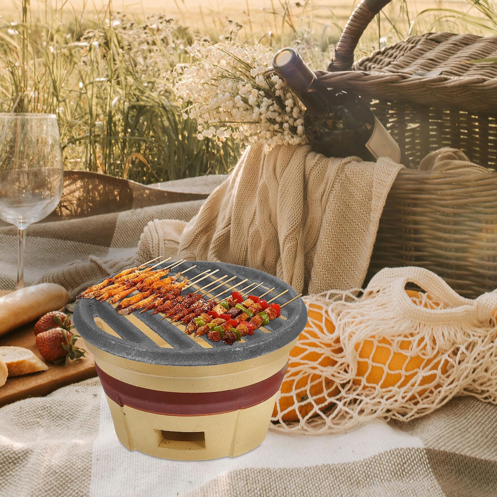 Veemoon Griglia Barbecue Rotonda in Ghisa 22 Cm per Grigliare All'aperto Utensili da Cucina da Campeggio Distribuzione Calore Uniforme e Superficie Cottura Resistente