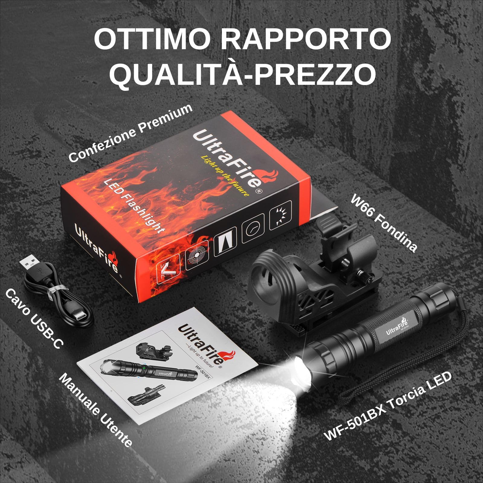 UltraFire Torcia tattica ricaricabile 1000 lumen 3 modalità fondina da cintura, torcia polizia sicurezza forze dell'ordine, campeggio attività all'aperto, WF-501BX
