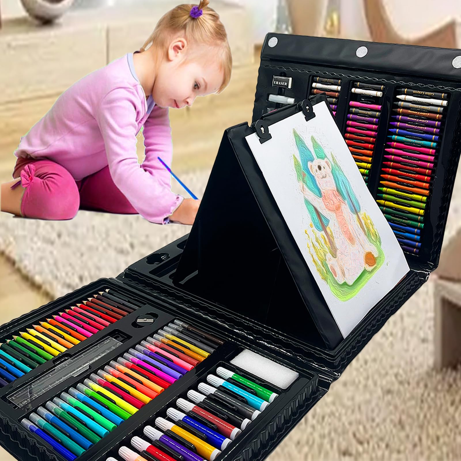 XDISHYN 208 PCS Art Set including Double Sided Trifold Easel, Oil Pastels, Crayons, Drawing Kit for Kids Adults