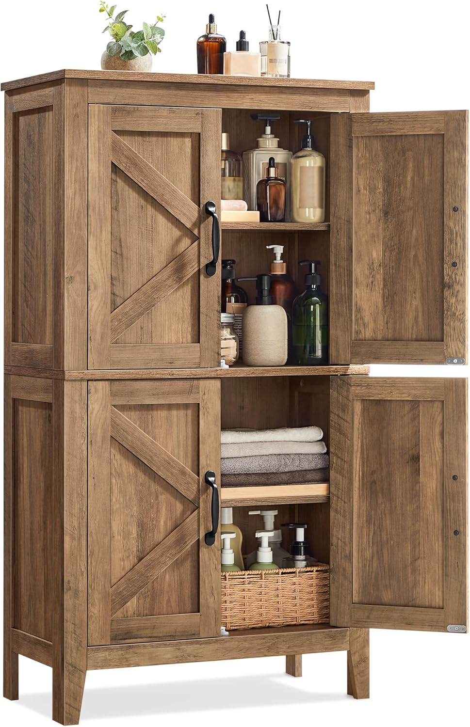 VASAGLE LIRY Collection - Farmhouse Storage Cabinet, Bathroom Floor Cabinet with Barn Doors, Freestanding Kitchen Pantry, Adjustable Shelves, for Dining Room, Living Room, Honey Brown, UBBK773K01