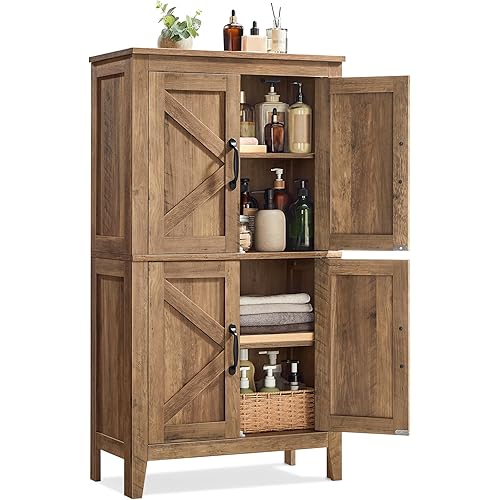 VASAGLE LIRY Collection - Farmhouse Storage Cabinet, Bathroom Floor Cabinet with Barn Doors, Freestanding Kitchen Pantry, Adjustable Shelves, for Dining Room, Living Room, Honey Brown, UBBK773K01