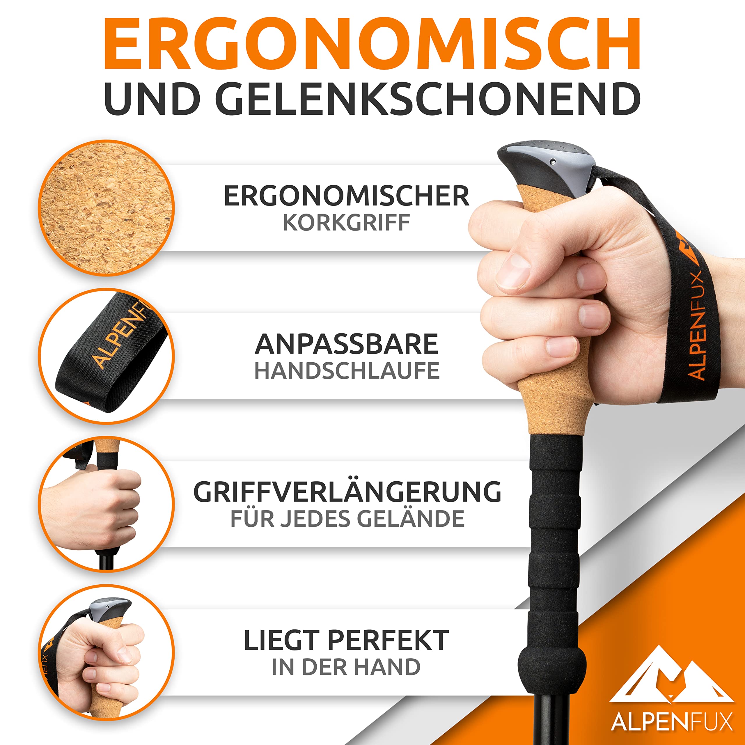 ALPENFUX Wanderstöcke Teleskop, Trekkingstöcke, Nordic Walking Stöcke, leicht und verstellbar mit Korkgriff für Damen und Herren