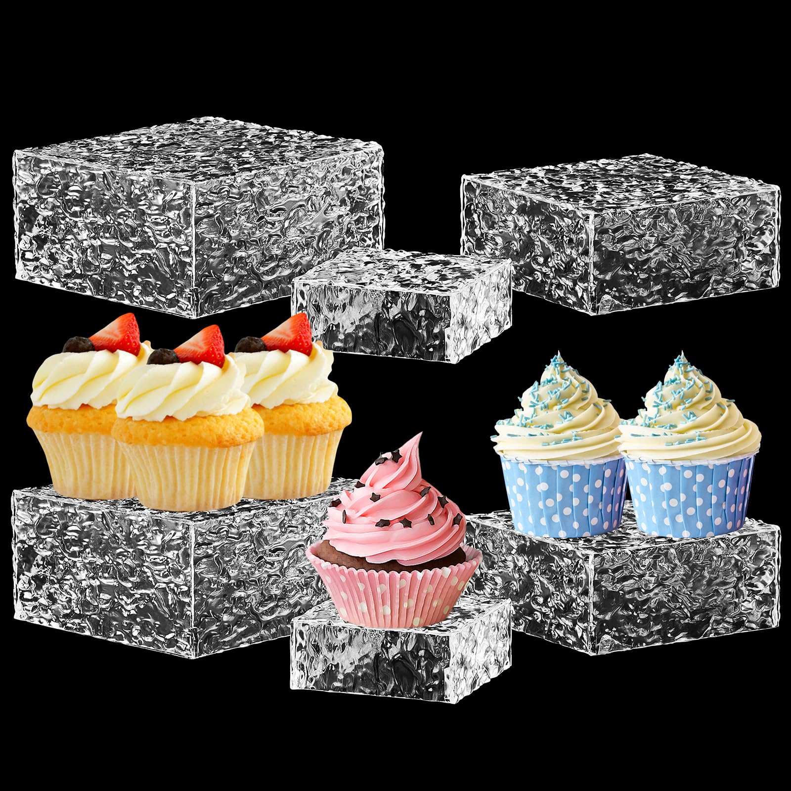 Jerify6 Pcs Acrylic Stands for Food Display, 3 Sizes 5.91'' 5.12'' 3.54'', Buffet Wave Risers Small Clear Square Cube Plastic Display Box for Party Wedding Table Treats Jewelry Decorative , 5 Sides