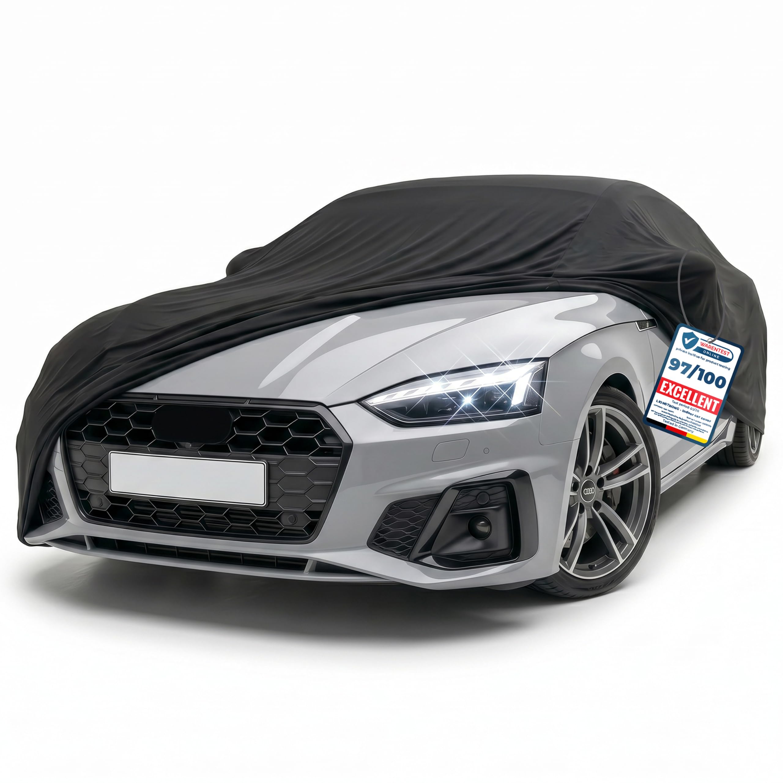 Funda para Coche de Interior – Protección contra el Polvo y la Suciedad para Coches pequeños, berlinas y SUV – con Bolsa de Almacenamiento – Sujeción Segura Mediante Banda elástica – Diseño Deportivo