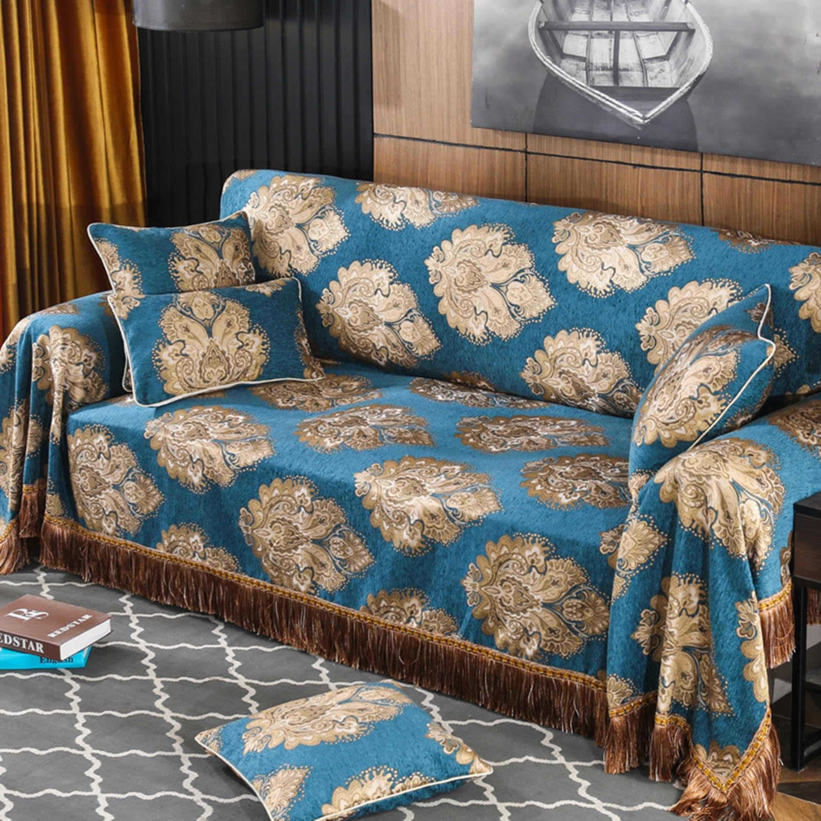 Couverture Canapé, 190x200CM, Convient à 1 Place, Jacquard Floral Brodé à Franges, Bleu Foncé, Housse de Canapé Plaid Chenille Protection, Anti Griffe de Chat