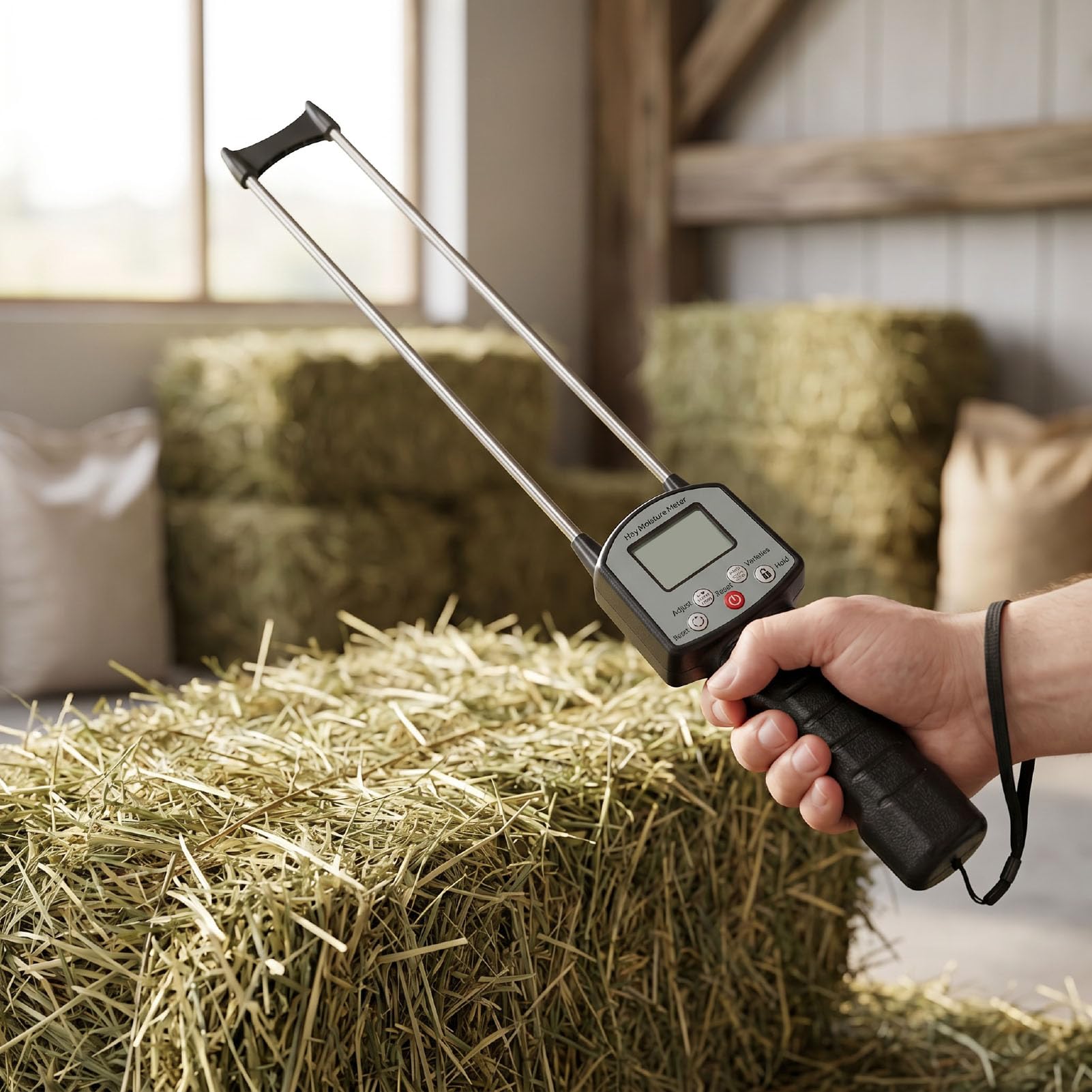 Heu Feuchtigkeitsmesser für Futtergrasbauern und Viehzüchter 1s Schnellablesung mit ±0,5% Genauigkeit Messbereich 0-80% Lange Sonde Aus Edelstahl LCD Hintergrundbeleuchtung