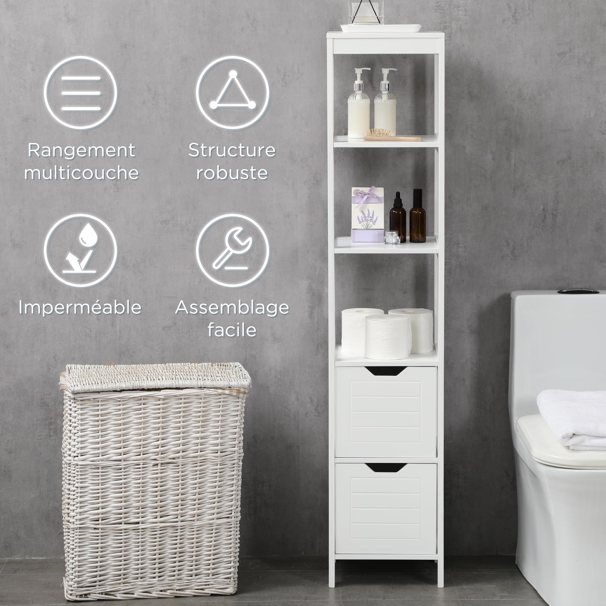 kleankin Meuble Colonne de Salle de Bain Armoire Haute Meuble Rangement avec 3 étagères et 2 tiroirs en Bois - 30 x 30 x 144 cm