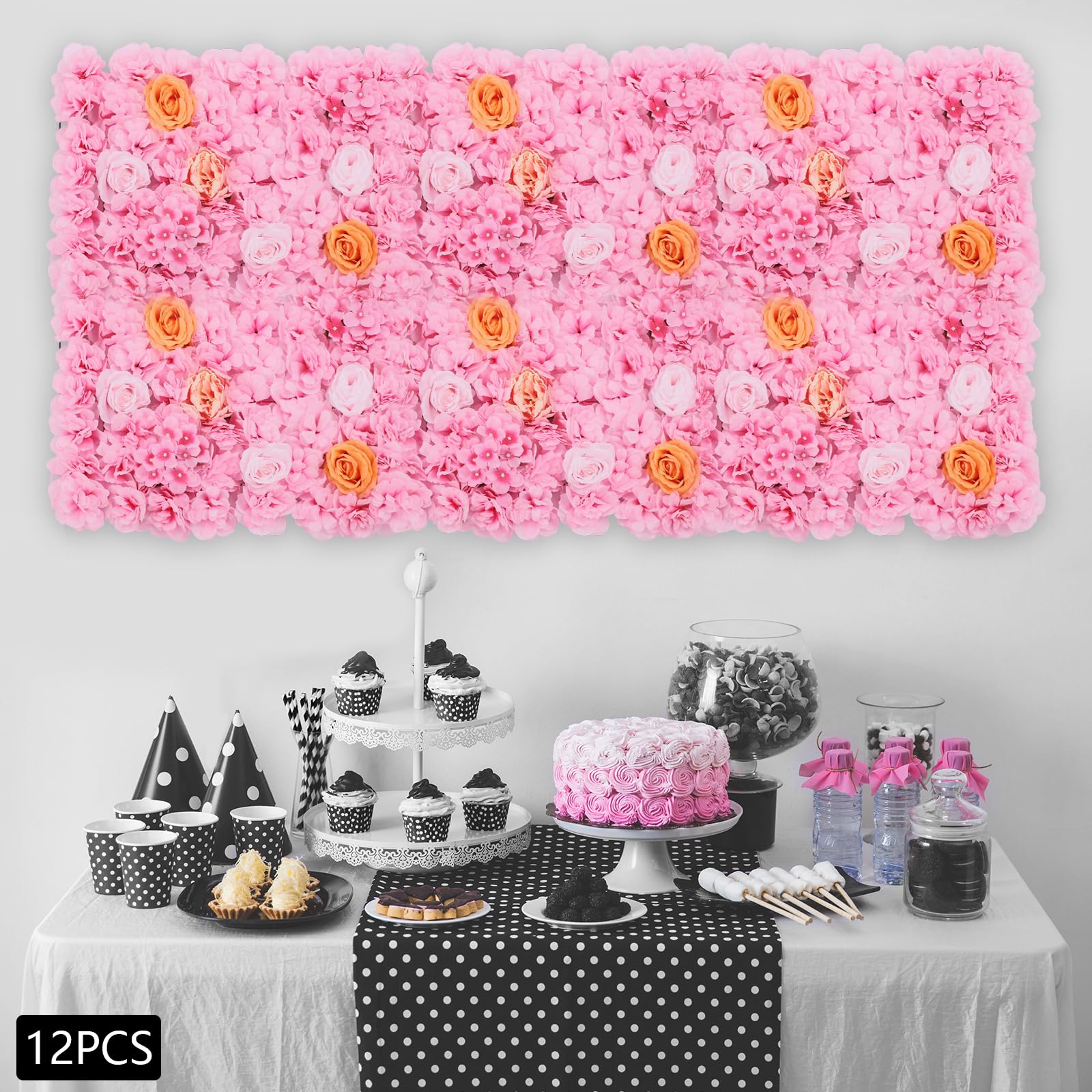 Künstliche Blumenwand 12-teilig, Blumen Wandpaneel 60x40cm aus Seide für Garten Balkon Dekoration, Realistische Kunstblumen für Hochzeit Party Wohnzimmer, DIY Deko Set Rosa Champagne