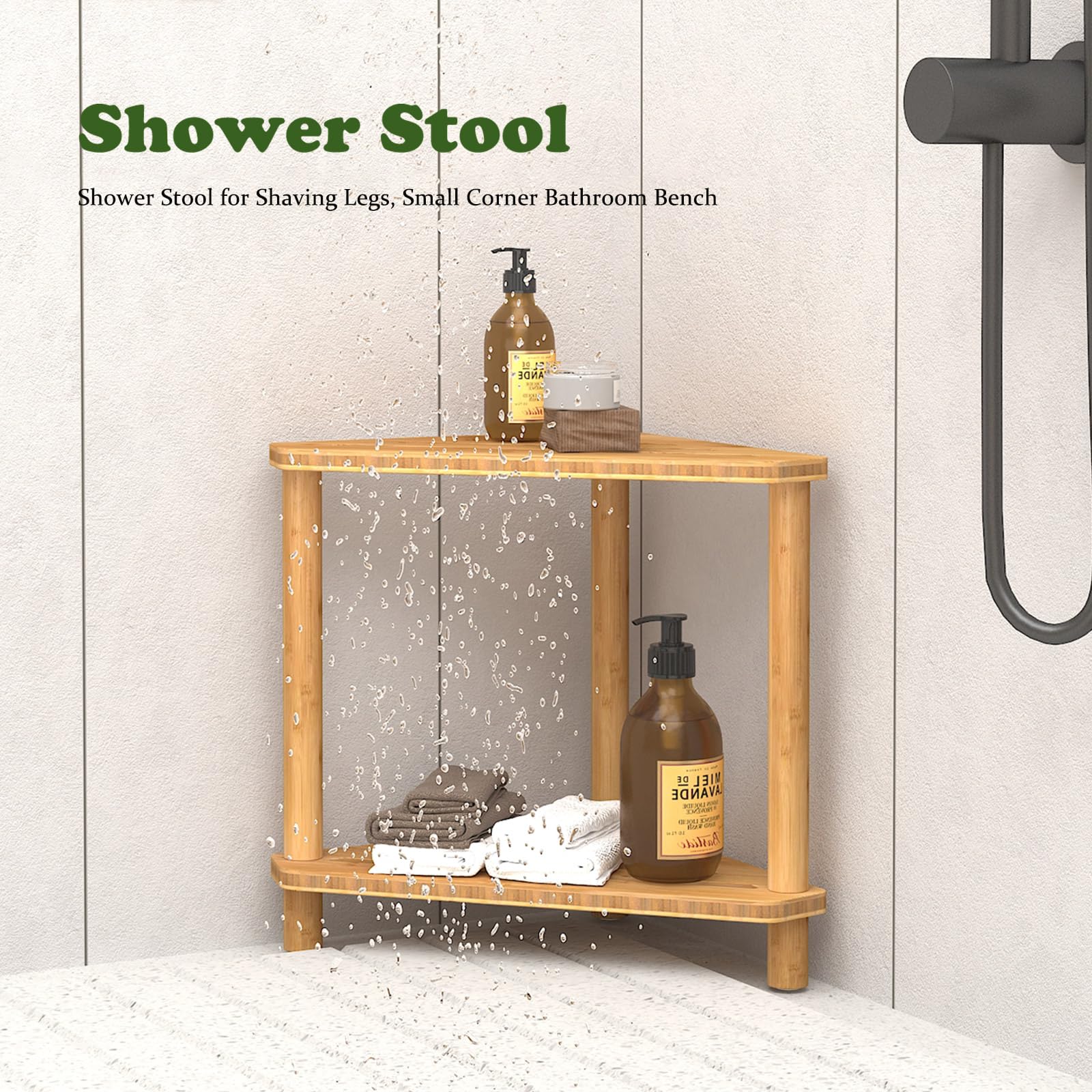 Taburete de ducha de esquina de bambú, taburete de ducha impermeable de 2 niveles para patas de afeitado de ducha interior, espacios pequeños, reposapiés de ducha con estante de almacenamiento, banco