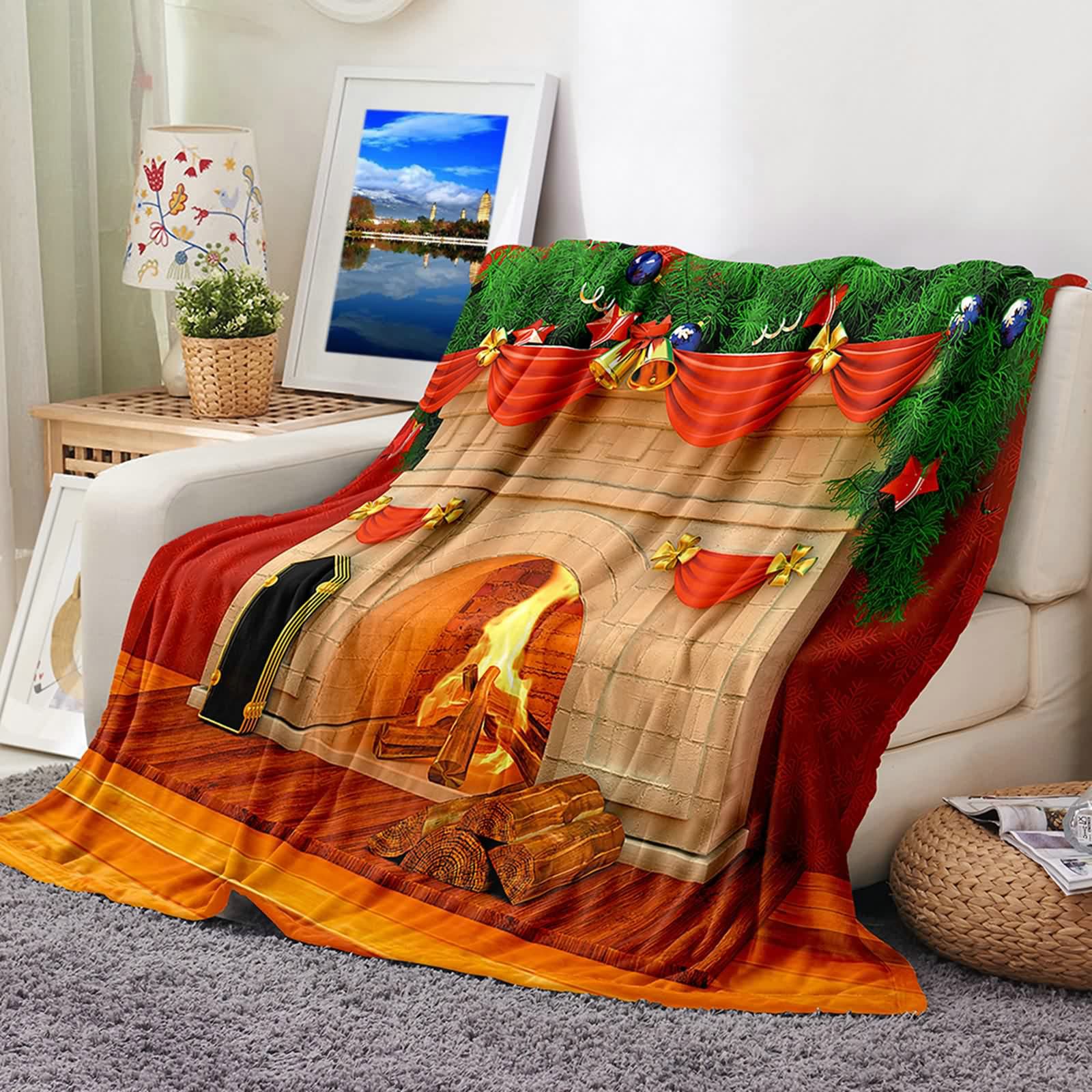 Aeici Koc polarowy, koc polarowy zimowy 150 x 200 cm koc kominkowy z bożonarodzeniowymi dzwonkami i bombkami do dekoracji bożonarodzeniowych narzuta na sofę do salonu sofa łóżko