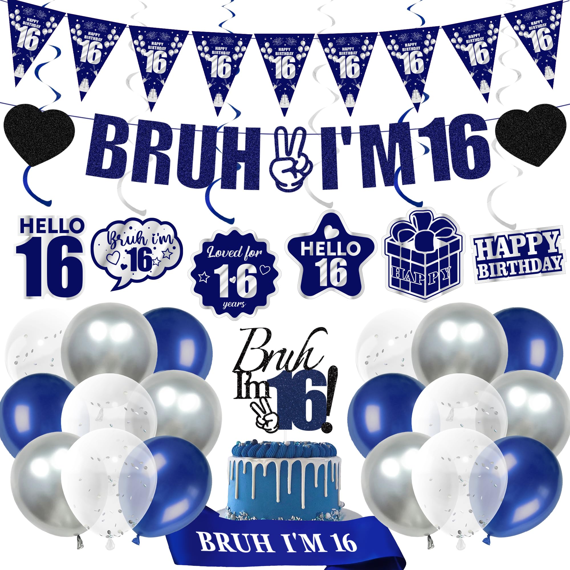 16th Birthday Decorations Balloons Boy - 28 Pcs Blue Glitter Bruh I'M 16 Banner Swirl Hangings Confetti Balloons Sash Cake Topper for Boys 16 Years Old Birthday Party Decor Supplies โ image 1