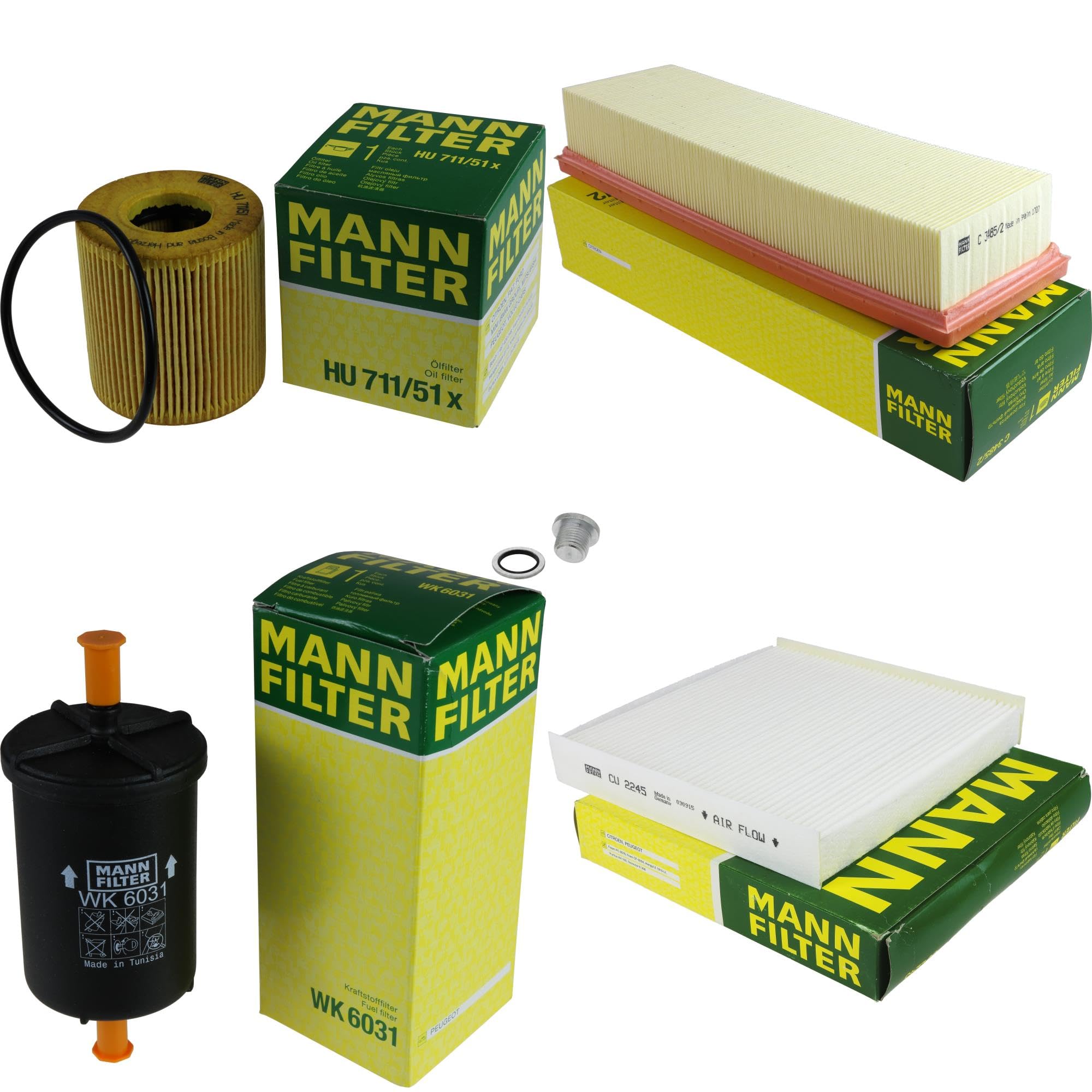 Paquete de inspección Kit de mantenimiento de filtros con filtro de aceite HU 711/51 x, filtro de aire C 3485/2, filtro de combustible WK 6031, filtro de habitáculo CU 2245, tornillo de