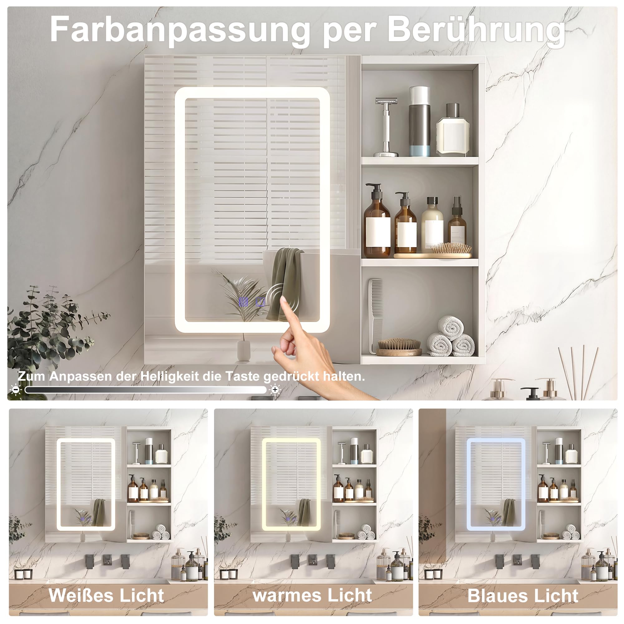DULRLLY Spiegelschrank Bad mit Beleuchtung 60 cm, Badezimmerschrank mit Spiegel 3 Farbtemperaturen, Entfeuchtungsfunktion,Verstellbare Ablagefächern, Dimmbarer Badezimmer Hängeschrank, 60x60x15 cm