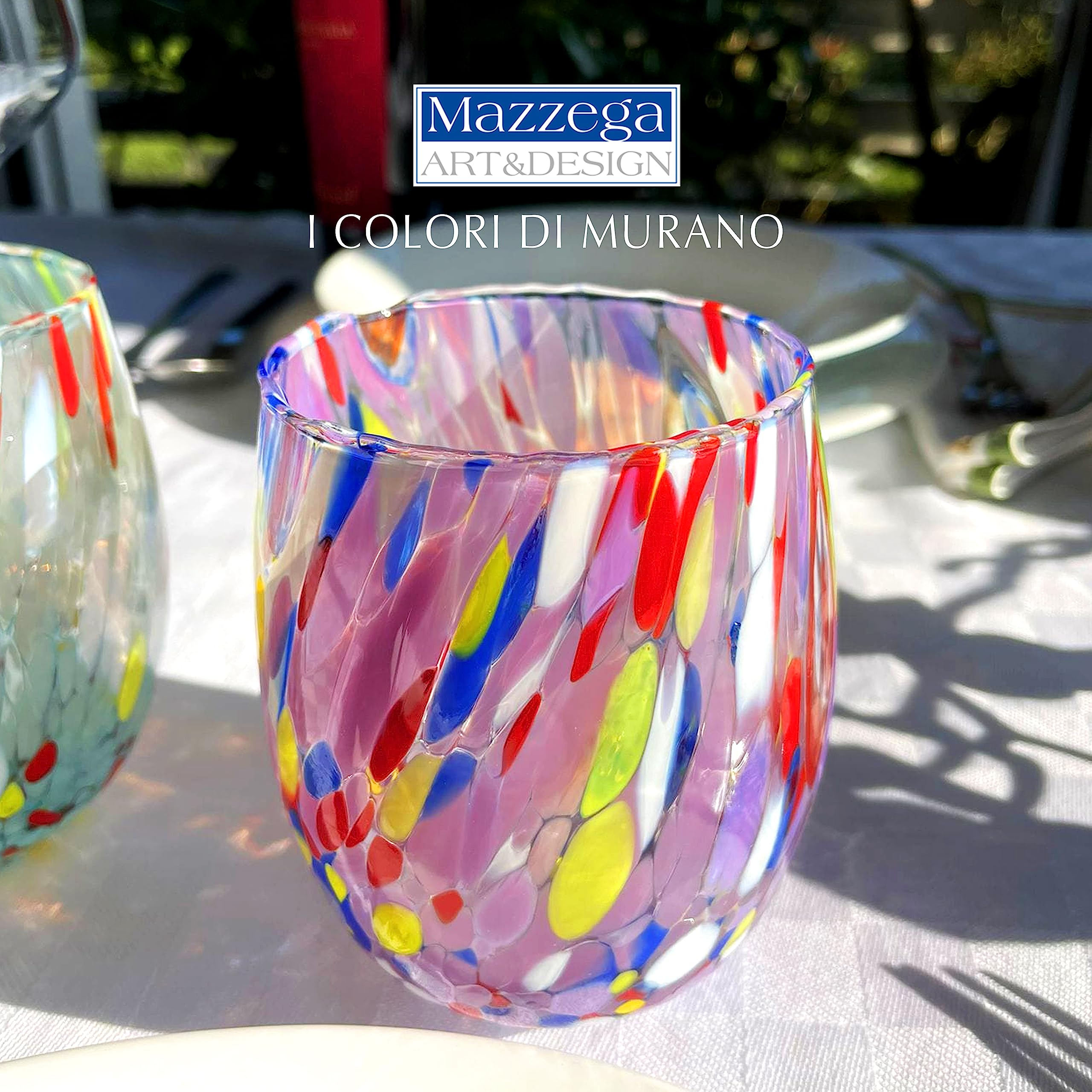 MAZZEGA ART & DESIGN - 6 drinkglazen van glas, mondgeblazen en handgemaakt met geraffineerde en originele Murano-glazen - De kleuren van Murano - Model Drinken 390 ml. Made in Italy (MIX