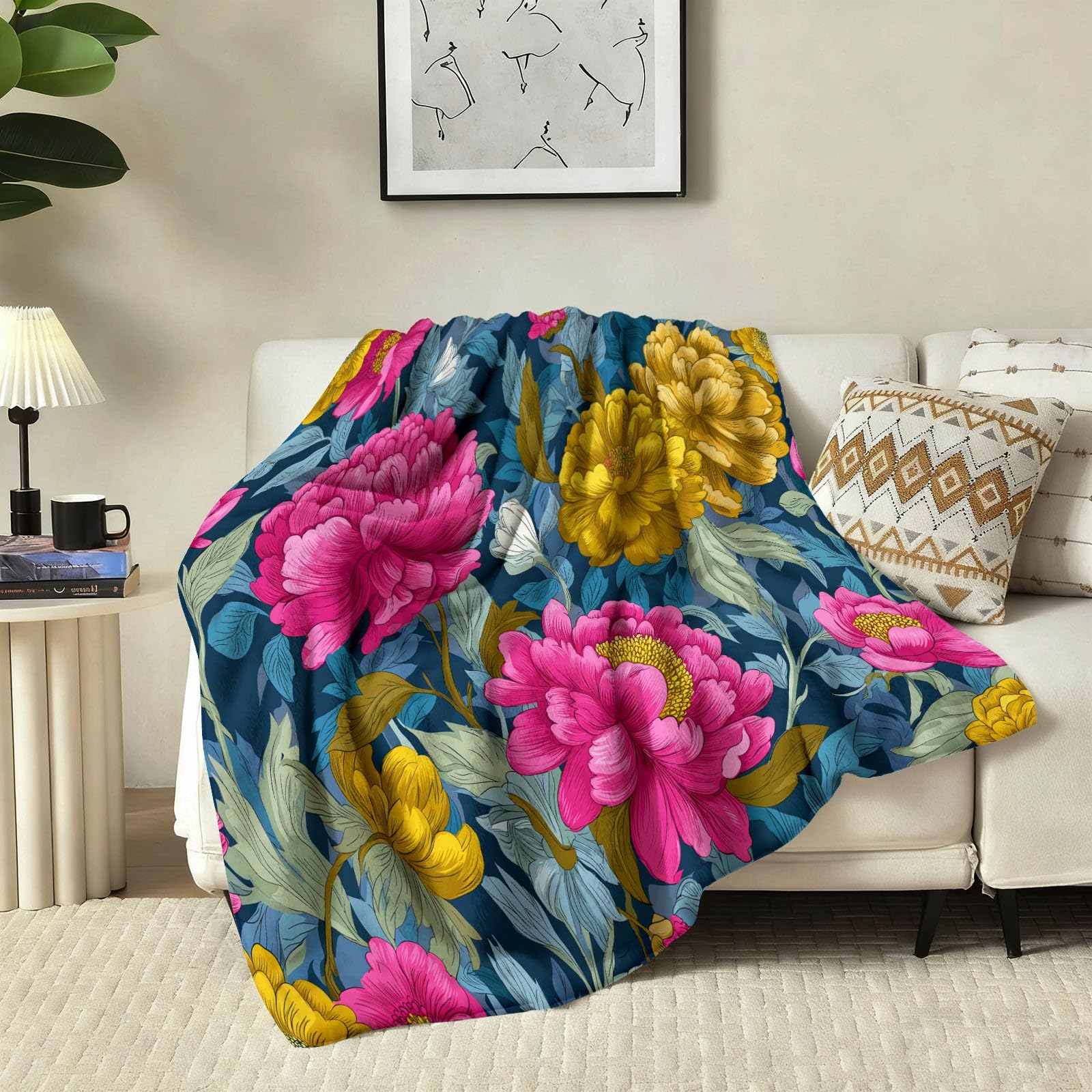 Style Rétro Couverture Flanelle Fleurs Dessinées À La Main 180 x 200 cm Douce Moelleuse Flanelle Couverture de Lit, Vert Foncé Plaid Polaire Jeté de Canapé Convient Adultes et Enfants Chaud en Hiver