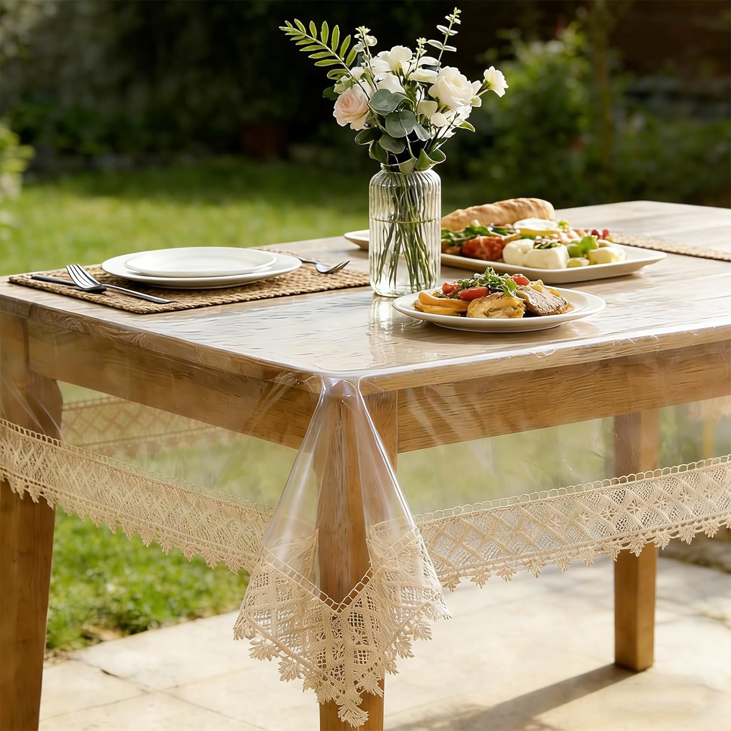 Clear Plastic Table Cover Protector Vinyl Clear Table Protector 55" x 120",10-12 Seats Waterproof Oil Proof Rectangle Table Cloth Protector for Dining Table Parties Crystal Clear Lace Tablecloth