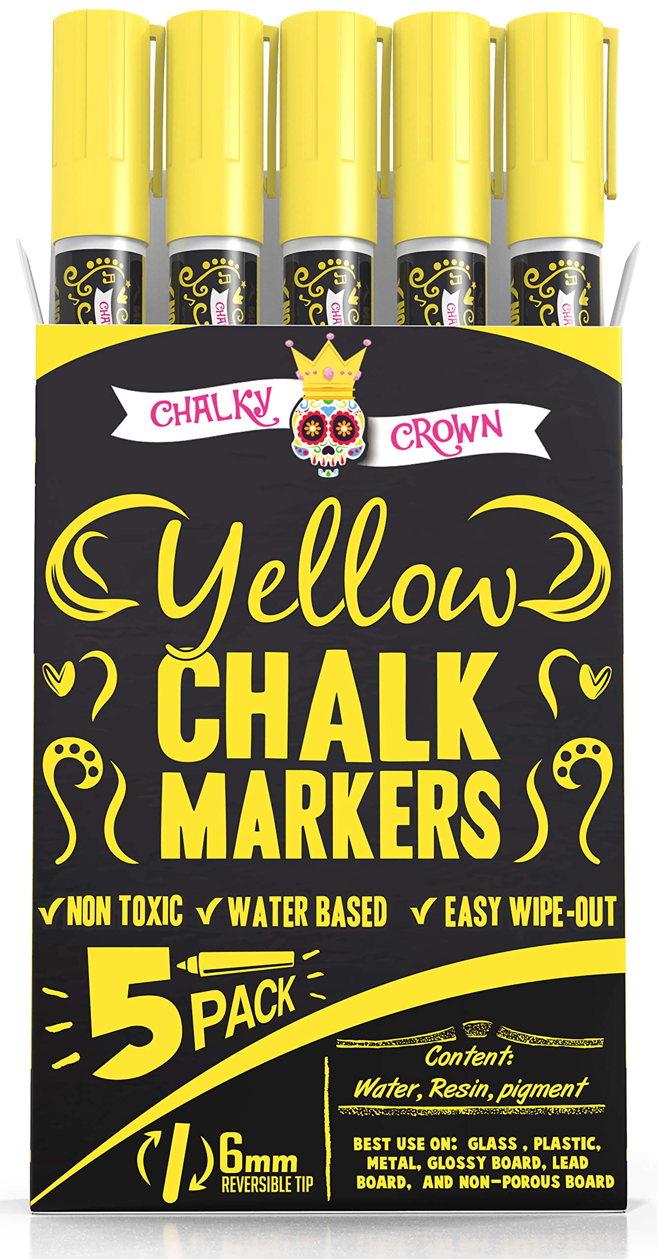 CHALKY CROWN Liquid Chalk Marker Pen - Dry Erase Marker - Chalk Markers for Chalkboard Signs, Windows, Blackboard, Glass - 6mm Reversible Tip - 24 Chalkboard Labels Included (Yellow, 5 Pack)