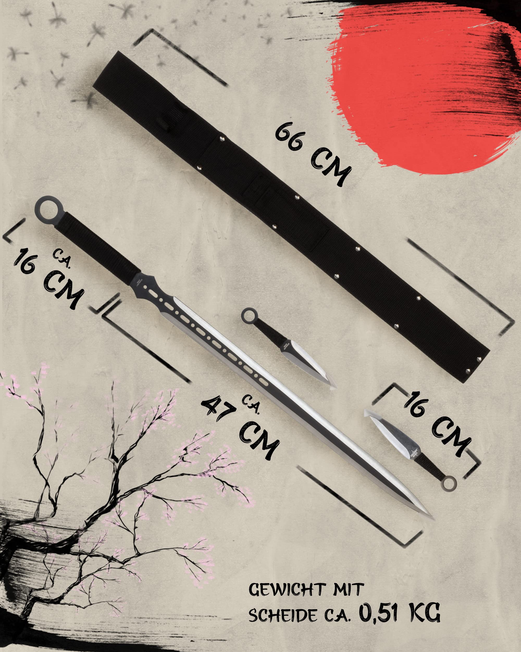 Machete scharf echt EIN Satz 1 Katana Ninja Schwert und 2 Wurfmesser scharf echt zum Training Metall Stahl Samurai Nur für Erwachsene 68 cm - 18 Jahre erforderlich FM-644D
