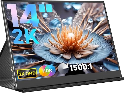 HONGO Monitor de juegos portátil 2K de 14 pulgadas para laptop, pantalla IPS ultradelgada, cubierta inteligente y altavoces, pantalla de 2160 x