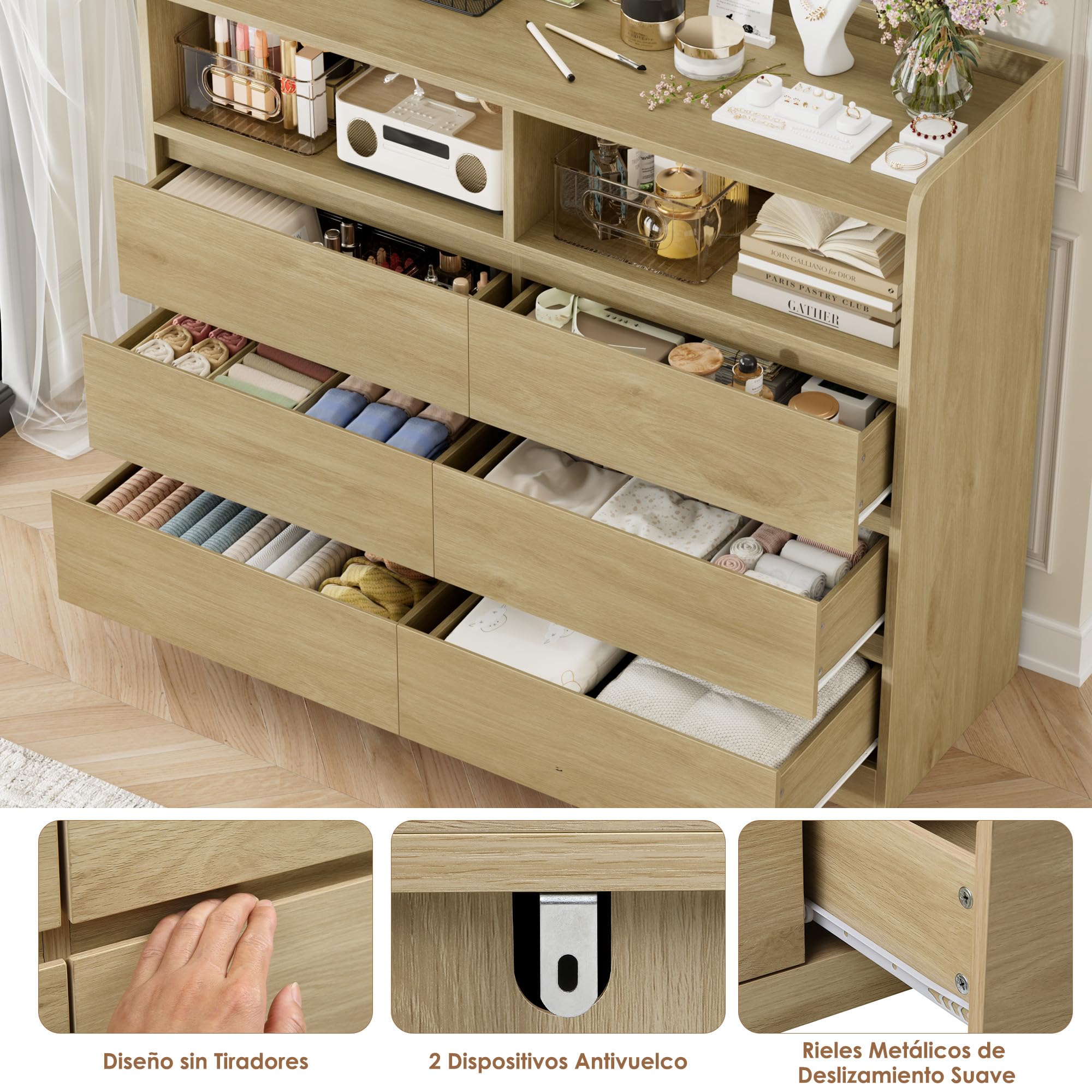 FOREHILL Comodas y Cajoneras Dormitorio Roble Anch. 120 cm Cajonera Armario Interior Comoda 6 Cajones 2 Compartimentos Abiertos para Salón Dormitorio Pasillo 120x40x100 cm