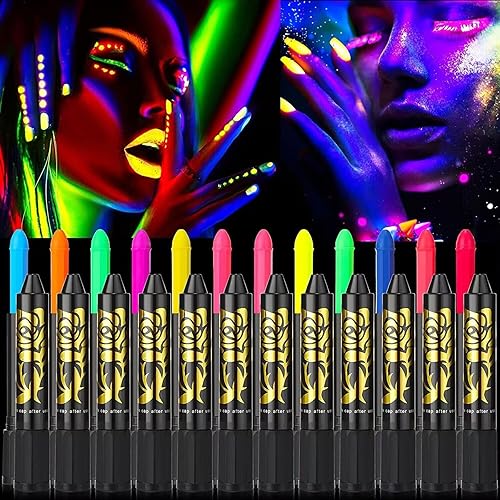 Miniatura 4 de Pintura facial de 12 colores que brillan en la luz negra para niños y adultos, crayones brillantes con luz negra UV, kit de maquillaje fluorescente