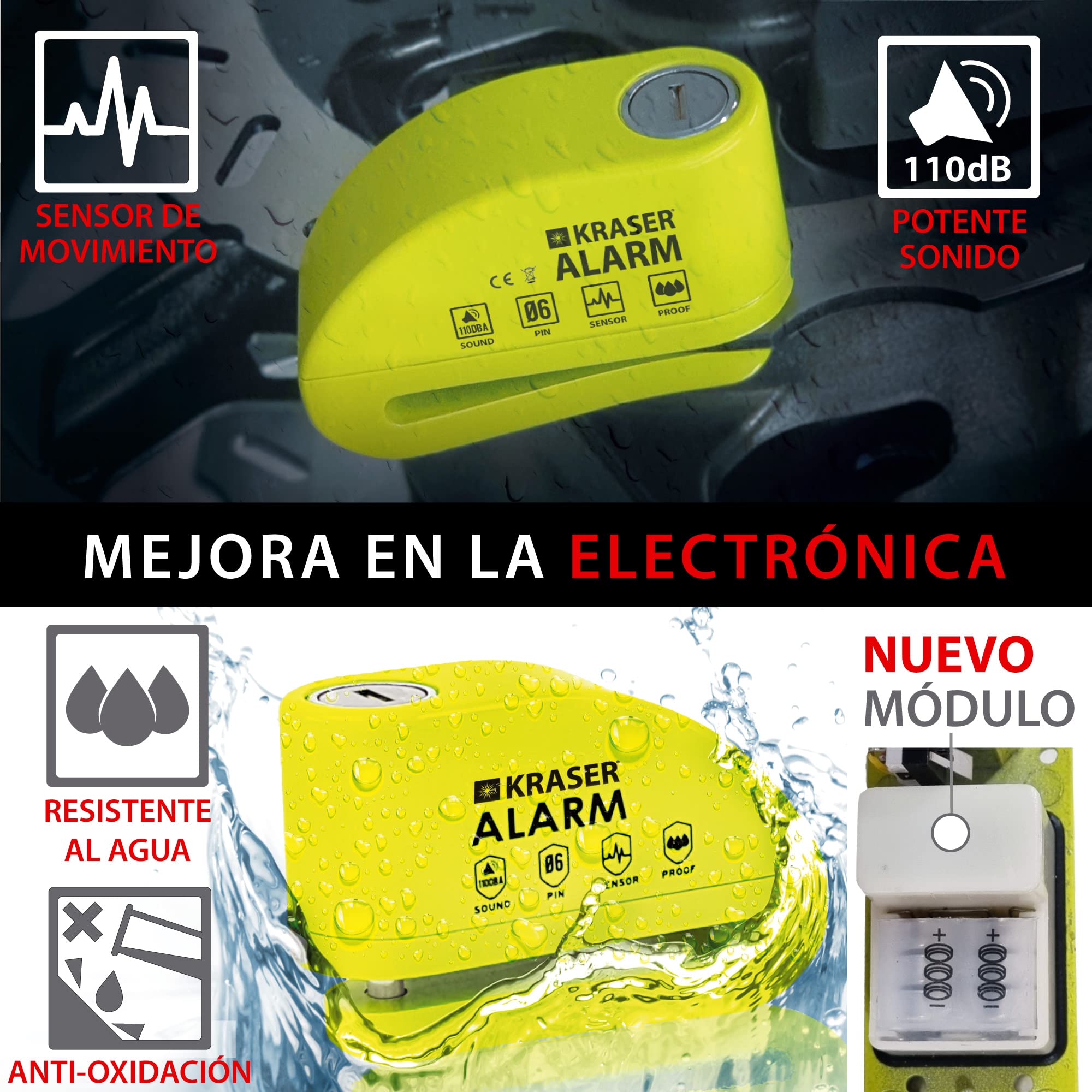 KRASER KR6Y Candado Moto con Alarma 110dB Antirrobo Disco Reforzado 3 Llaves Alta Seguridad Impermeable