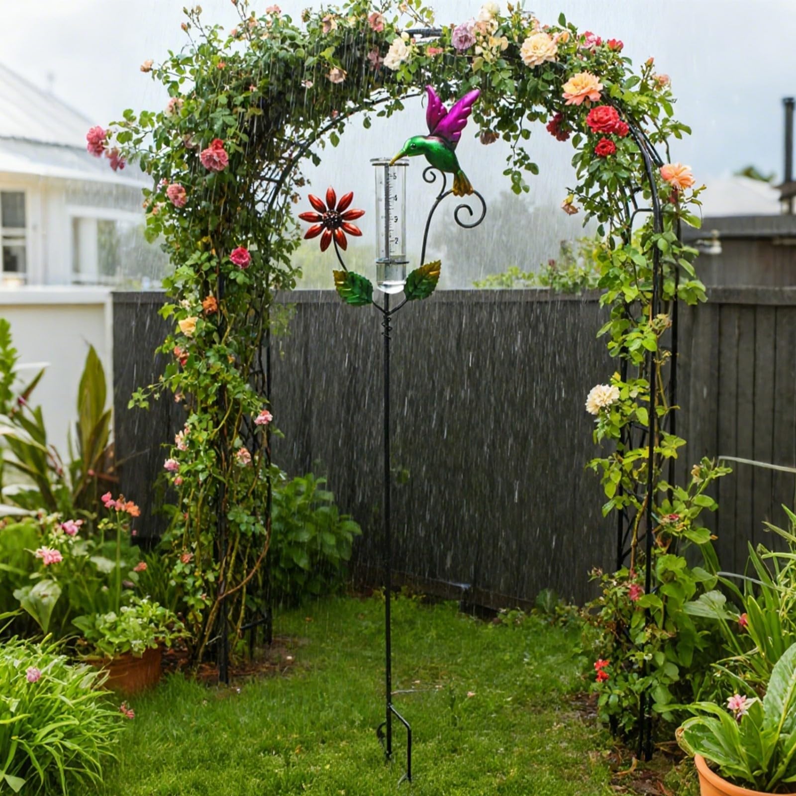 Bellissimo pluviometro da giardino in vetro resistente calore e ferro ornamentale, indicatori pioggia artistici precisa traccia meteorologica, misuratore pioggia in ferro battuto