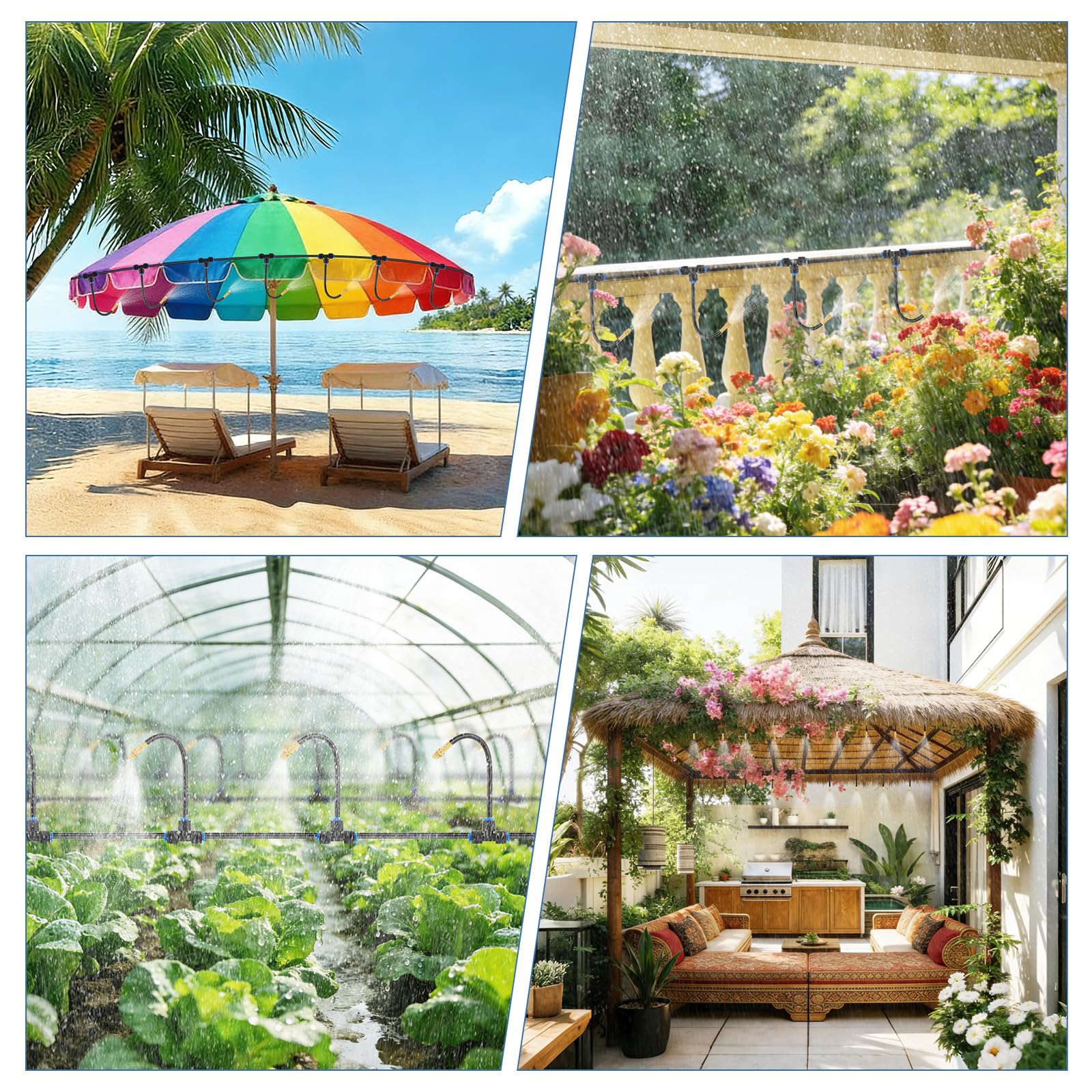 Kalolary Sistema de Nebulización Exterior 100FT para Refrigeración de Terrazas, Kit de Rociadores de Jardín, Filtro Pro y Conectores Universales de Grifo, Enfriamiento Exterior DIY para Verano