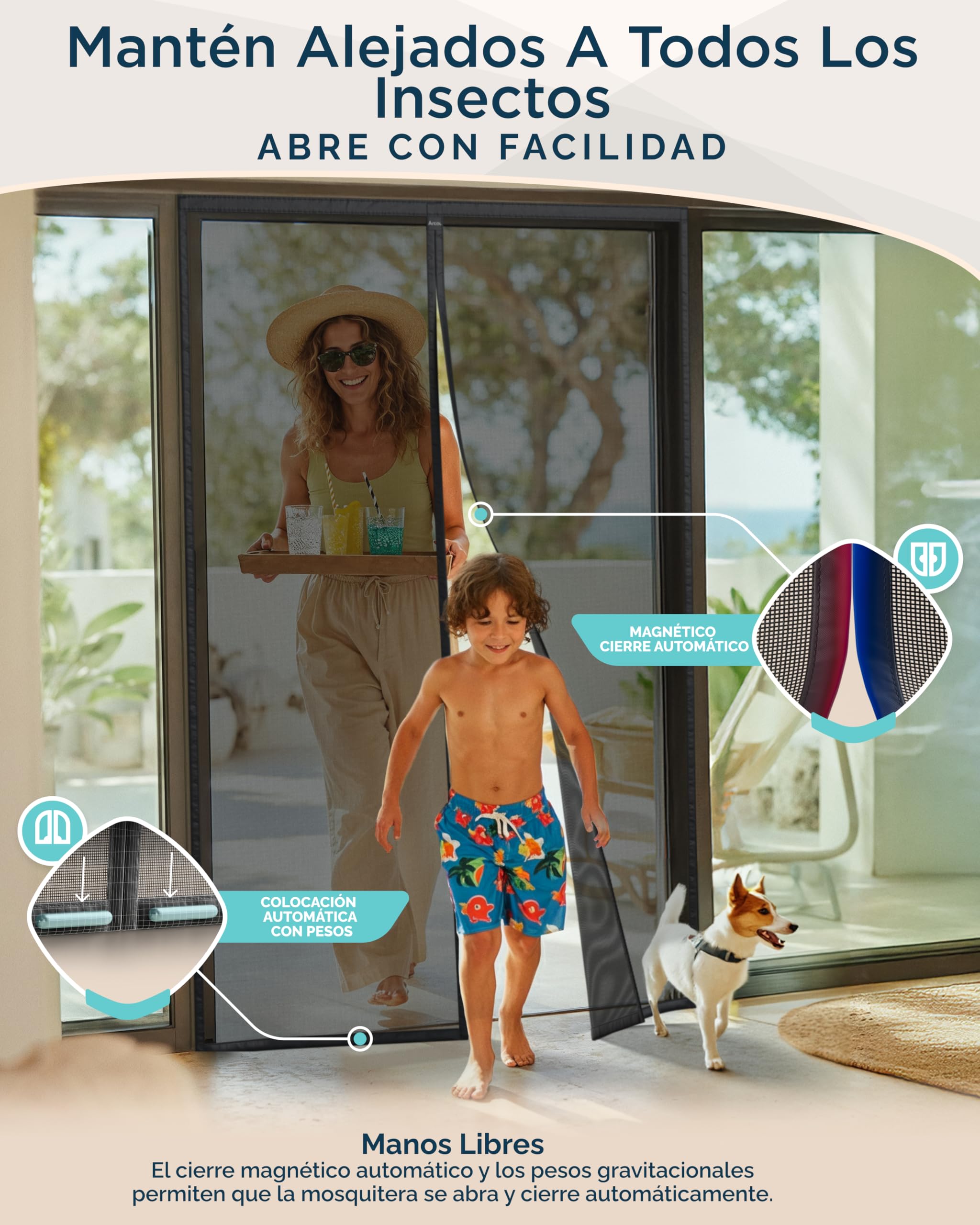 ARCOL Mosquitera Puerta Magnética 80x250 cm de Fibra de Vidrio – Adiós a los Mosquitos en 3 min, Malla Ultra-Fina, Cierre Automático con Imanes y Pesos, Cinta de Fijación Extra Ancha (Negro)