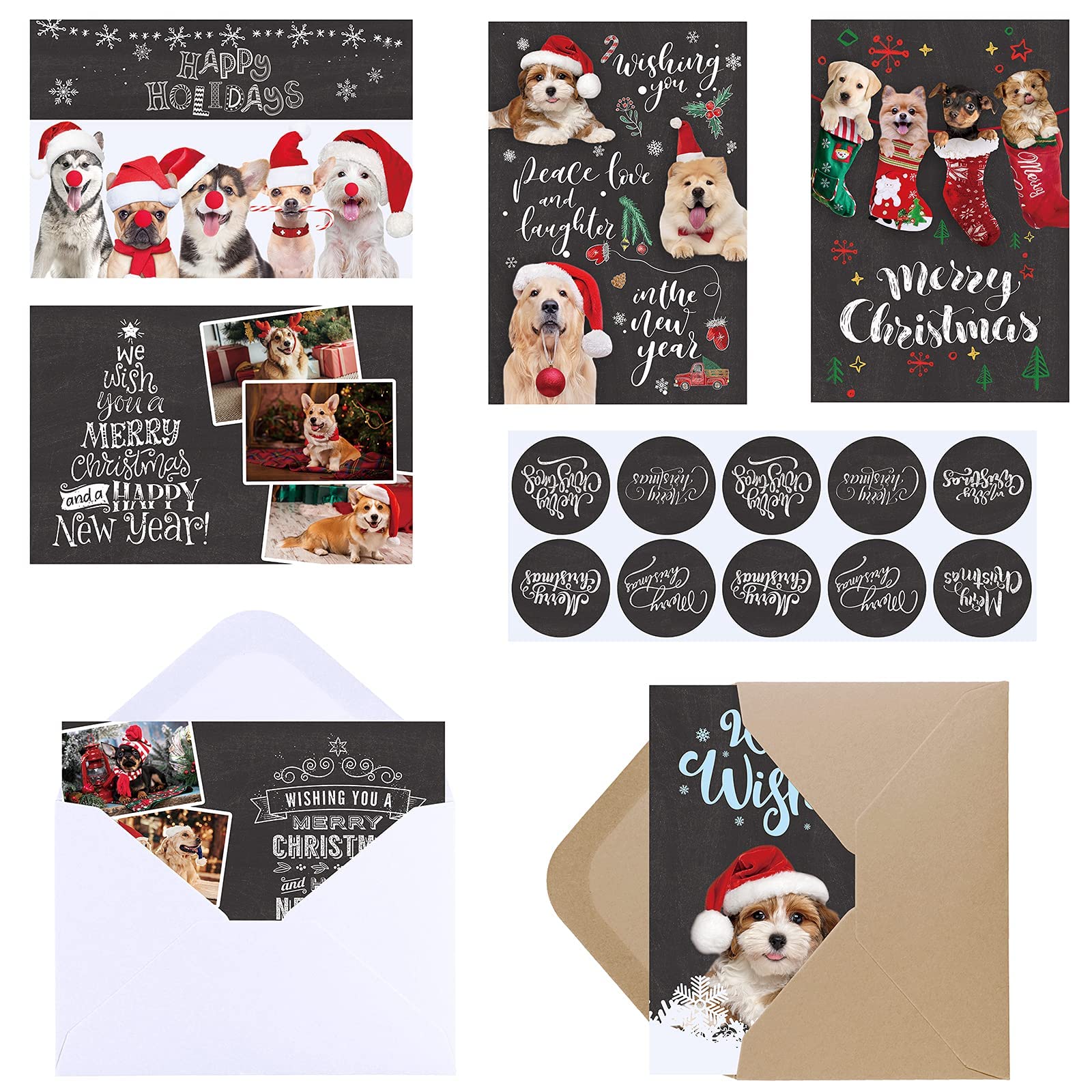 Lot de 120 cartes de Noël avec enveloppes autocollantes, assortiment de 6 motifs festifs de chiens en vrac, tableau noir en vinyle, cartes de vœux pour Noël