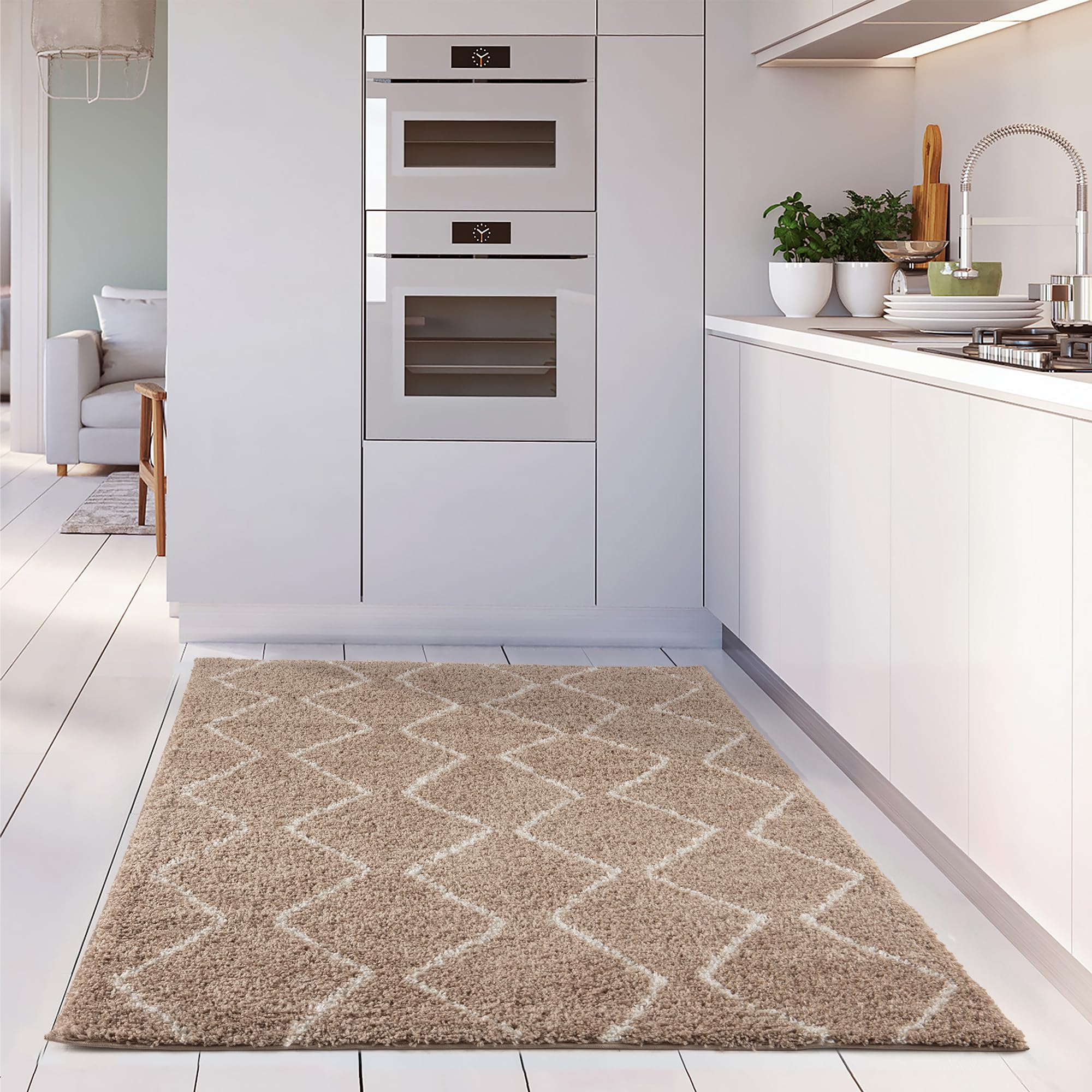 THE RUGS Modern Moroccan Design Living Room and Bedroom Rugs, Non-Shedding & Easy Care (Boho Beige/Ivory, 80x150 cm) - Image 3