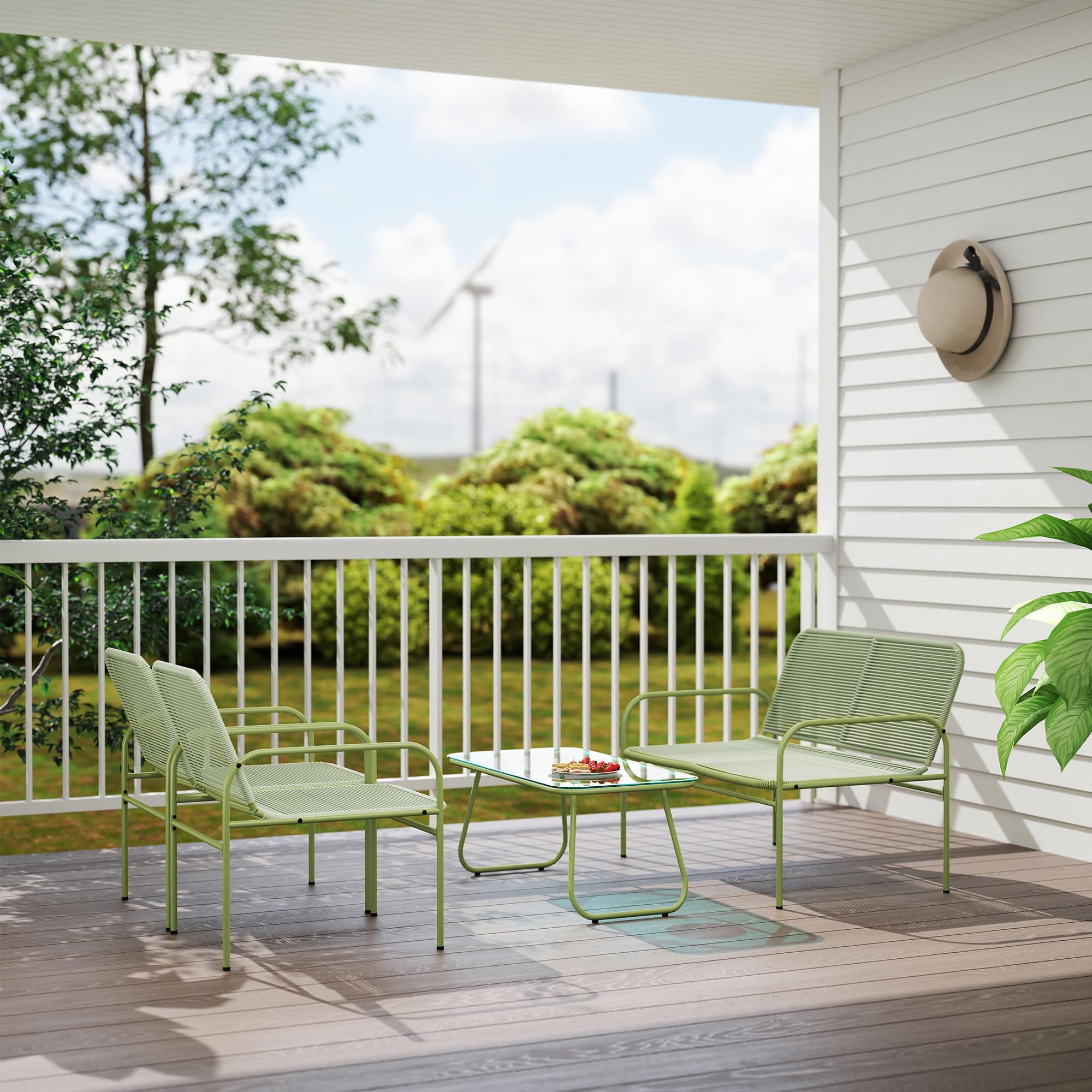 Outsunny Set Mobili Giardino Rattan 4 Pezzi Salotto Esterno Divanetto 2 Posti Poltrone Tavolino Caffè Vetro Verde