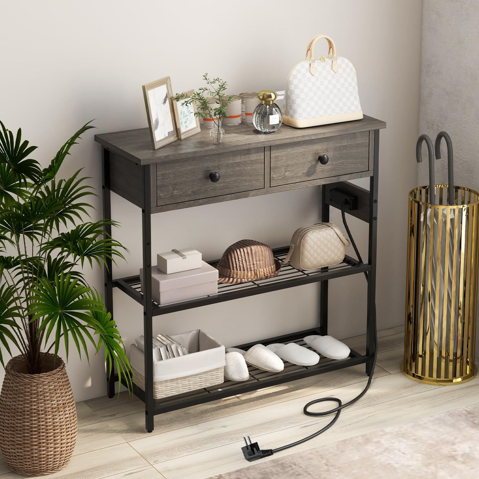 LIFEZEAL Tavolo consolle con presa elettrica, tavolo da corridoio industriale con porte USB, tavolo d'ingresso con ripiani e cassetti, tavolino sottile, 81x30x81 cm (grigio)