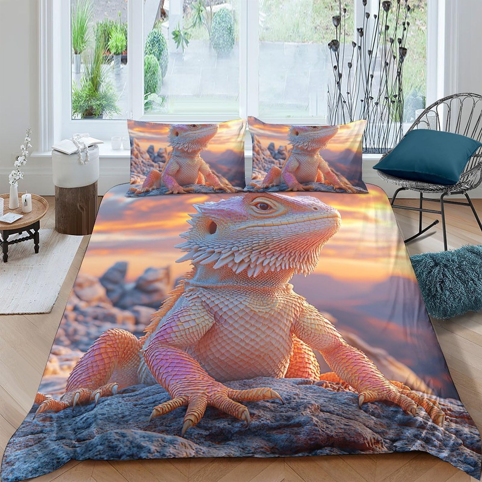 Ctjqhvkz Style-8 3D Printed Sunset Lizard Fitted Sheet Microfiber Soft Breathable Forest Rock Mattress Cover Bedroom Decor Single（135X200cm）