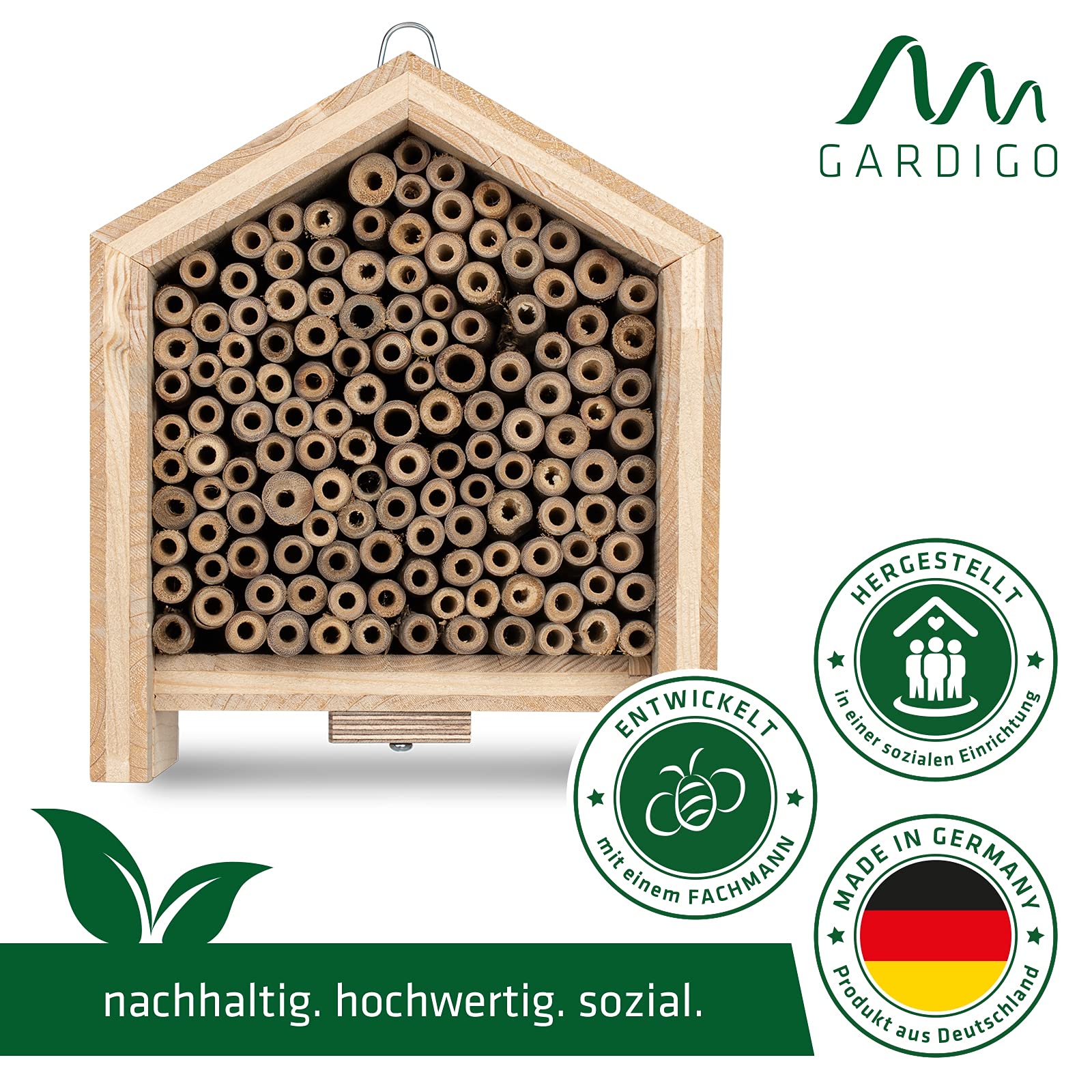 GARDIGO® Tierhaus System: Bienenhaus I Bienenhotel aus Massivholz I Made in Germany I Wildbienen Nisthilfe I Insektenhotel Nistkasten mit Bambusrohr I Wildbienenhotel mit Bambus als Füllmaterial