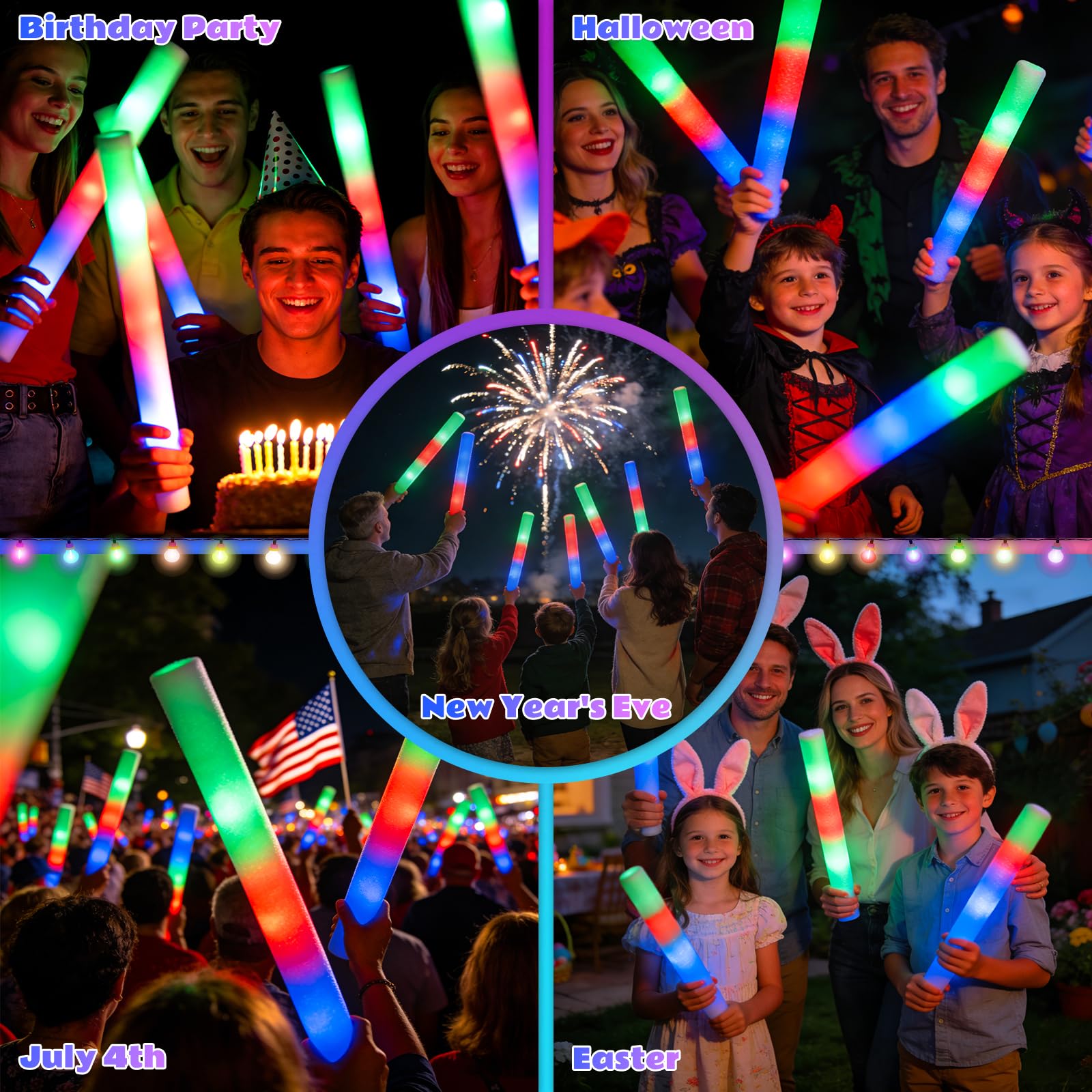 SHQDD 72 bastoncini luminosi in schiuma, si illuminano al buio per feste con 3 modalità lampeggianti colorate, confezione per feste per matrimoni, compleanni, rave, concerti, Capodanno, carnevale