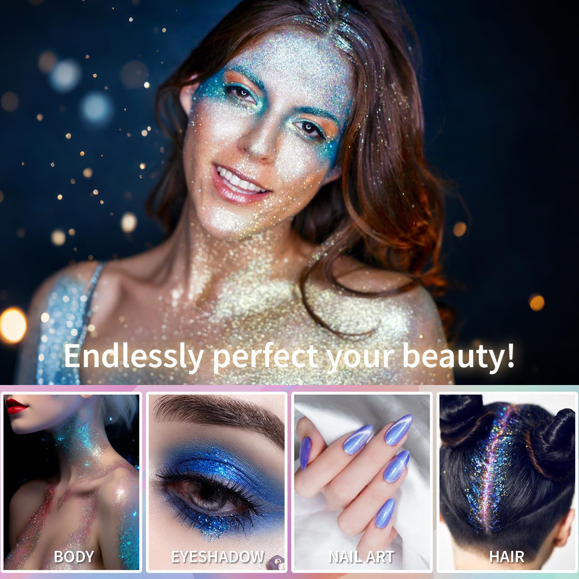 Glitter Olografici Ultrafini, Glitter Di Bellezza,Laser blu140g, Adatti Per Capelli, Viso, Corpo, Unghie e Trucco Natalizio. Adatti Anche Per Resina Epossidica, Vetro e Lavori Artigianali.