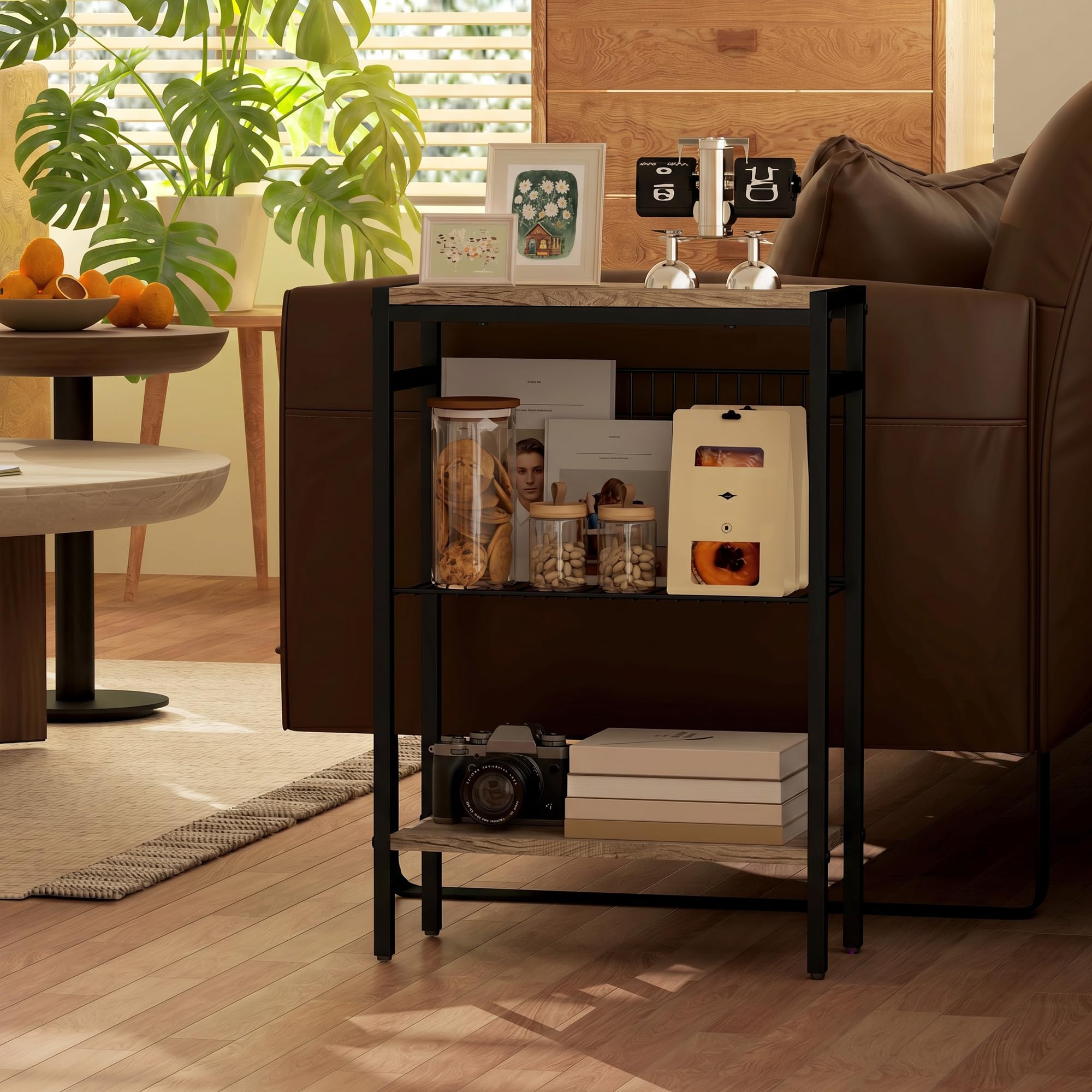 HOMCOM Tavolino stretto a 3 livelli, tavolino industriale con ripiani aperti e struttura in acciaio per soggiorno, camera da letto, 43 x 18 x 62,5 cm, grigio