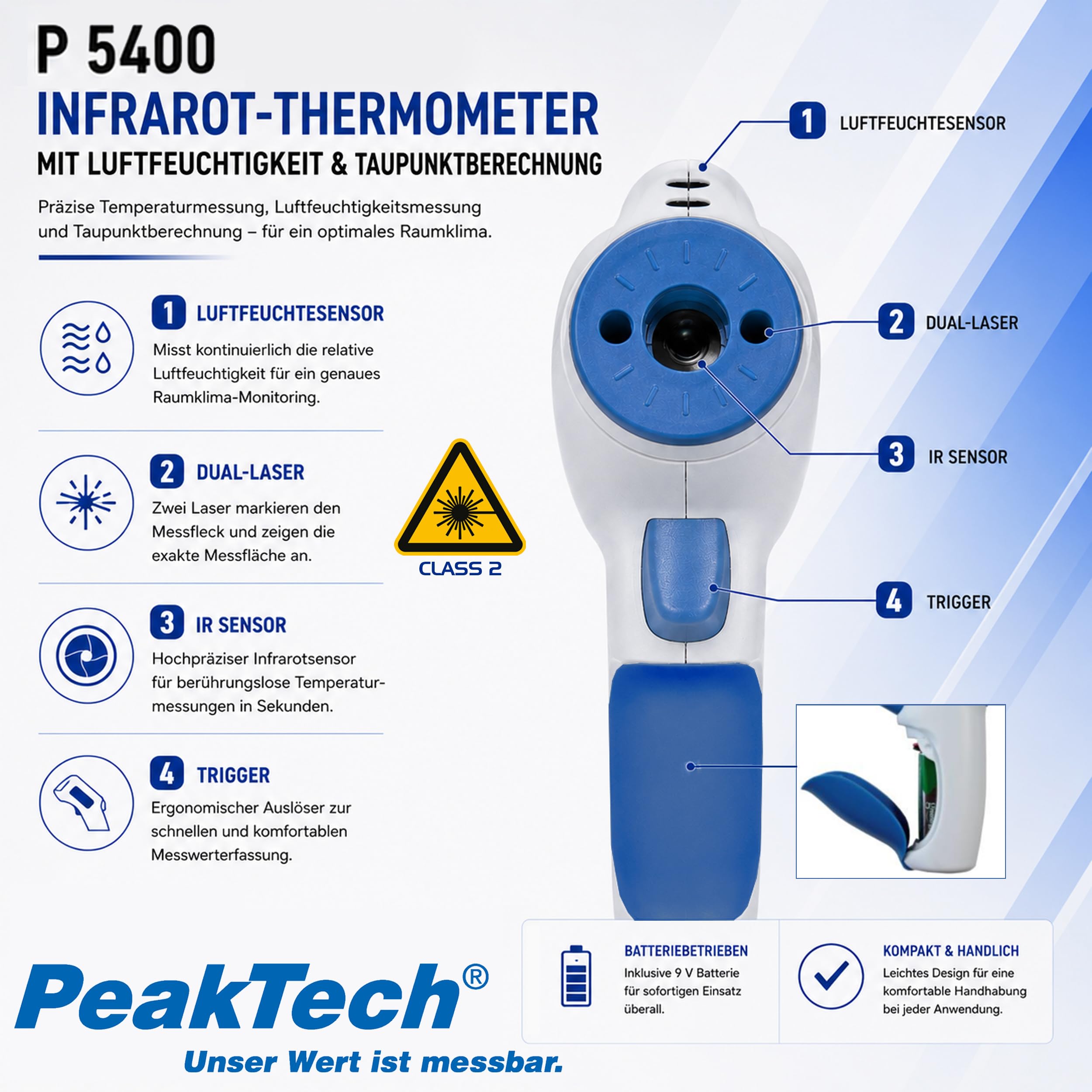 PeakTech P 5400 - IR Messgerät, Infrarotthermometer (-50°/260°), Oberflächen Thermometer, Taupunktscanner (-30°/100°), LED Umweltmessgerät, Thermodetektor Feuchtigkeit (0-100%), Taupunkt Messgerät