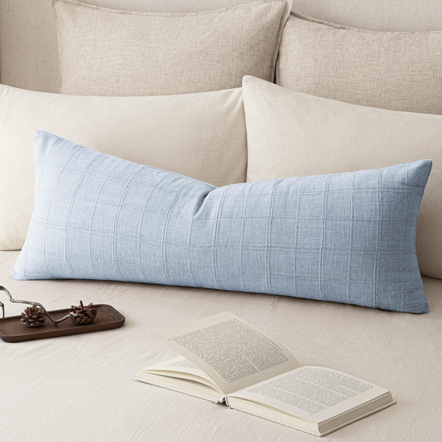 Foindtower Set of 1 Decorative Linen Check Throw Pillow Cover Neutral Long Body Lumbar Cushion Cover Farmhouse Vintage Home Decor for Sofa Chair Couch Bedroom Living Room,14×36 Inch,Sky Blue