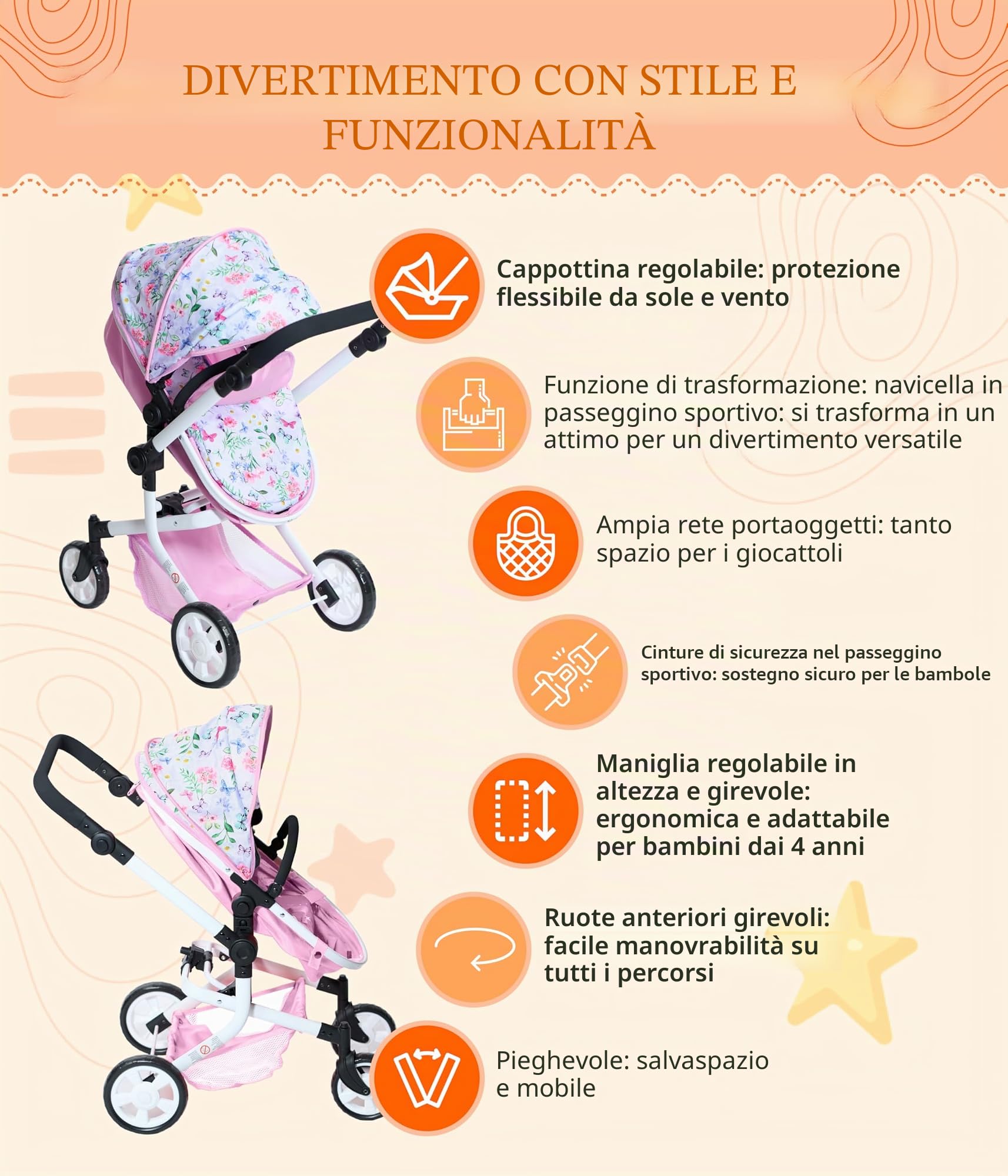 Bayer Chic 2000 - Passeggino per bambole Mika, passeggino combinato 2 in 1 per bambini dai 4 agli 8 anni, passeggino per bambole fino a 52 cm, fiori, rosa