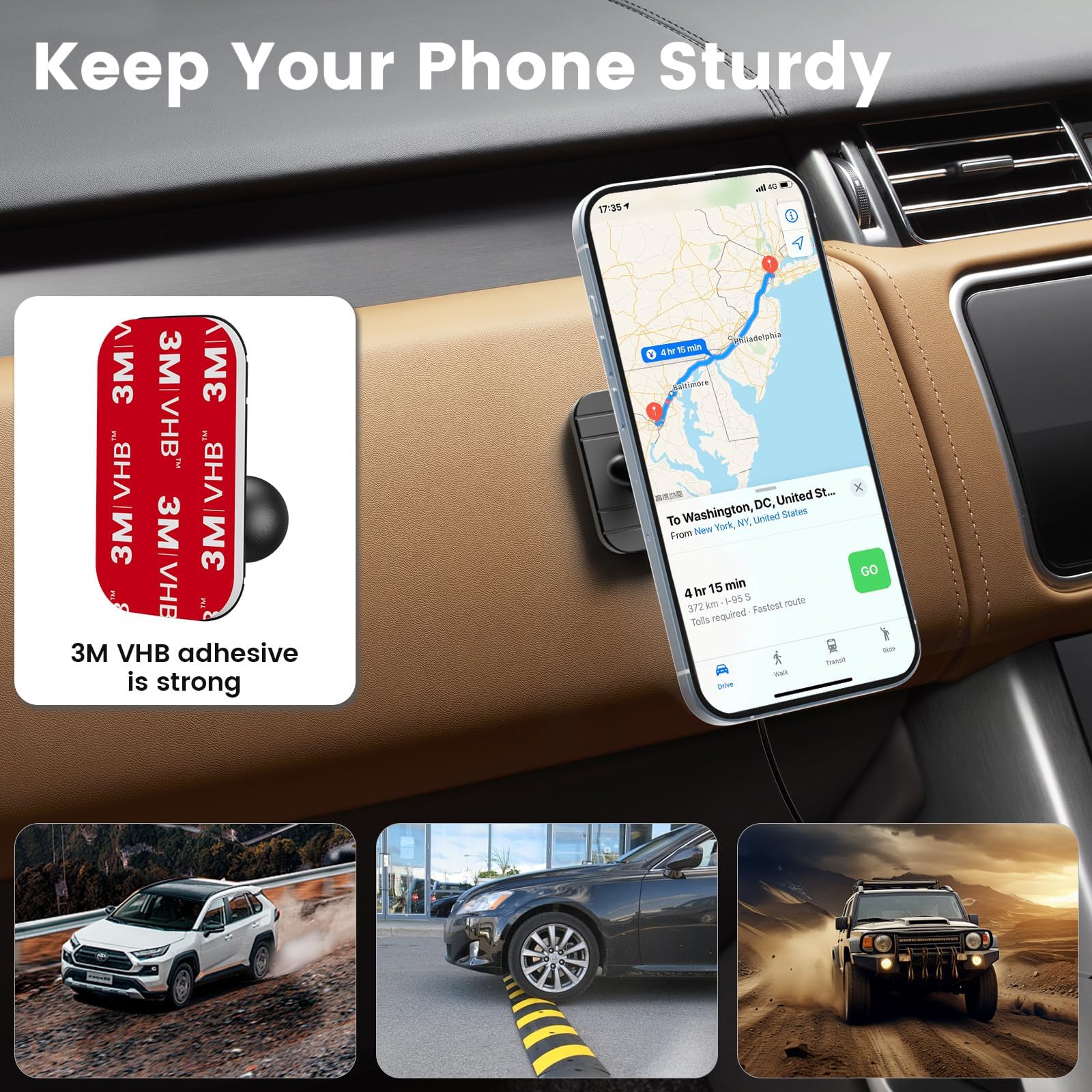 Chargeur de voiture sans fil OHLPRO pour iPhone avec support magnétique MagSafe, fixation adhésive sur tableau de bord, compatible avec les iPhone 17 Pro Max, 16, 15 et 14, charge rapide 15 W, coque e