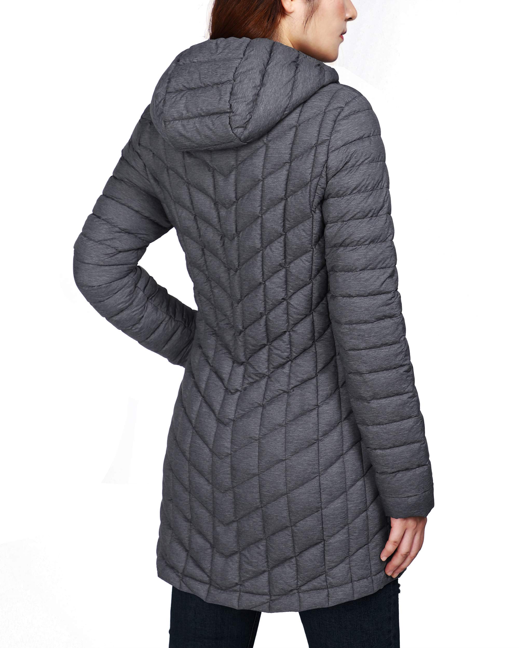 Outdoor Ventures Piumino invernale da donna con cappuccio, ultra leggero, caldo, lungo, Grigio scuro mélange (opaco) - media lunghezza media 81,3 cm, L