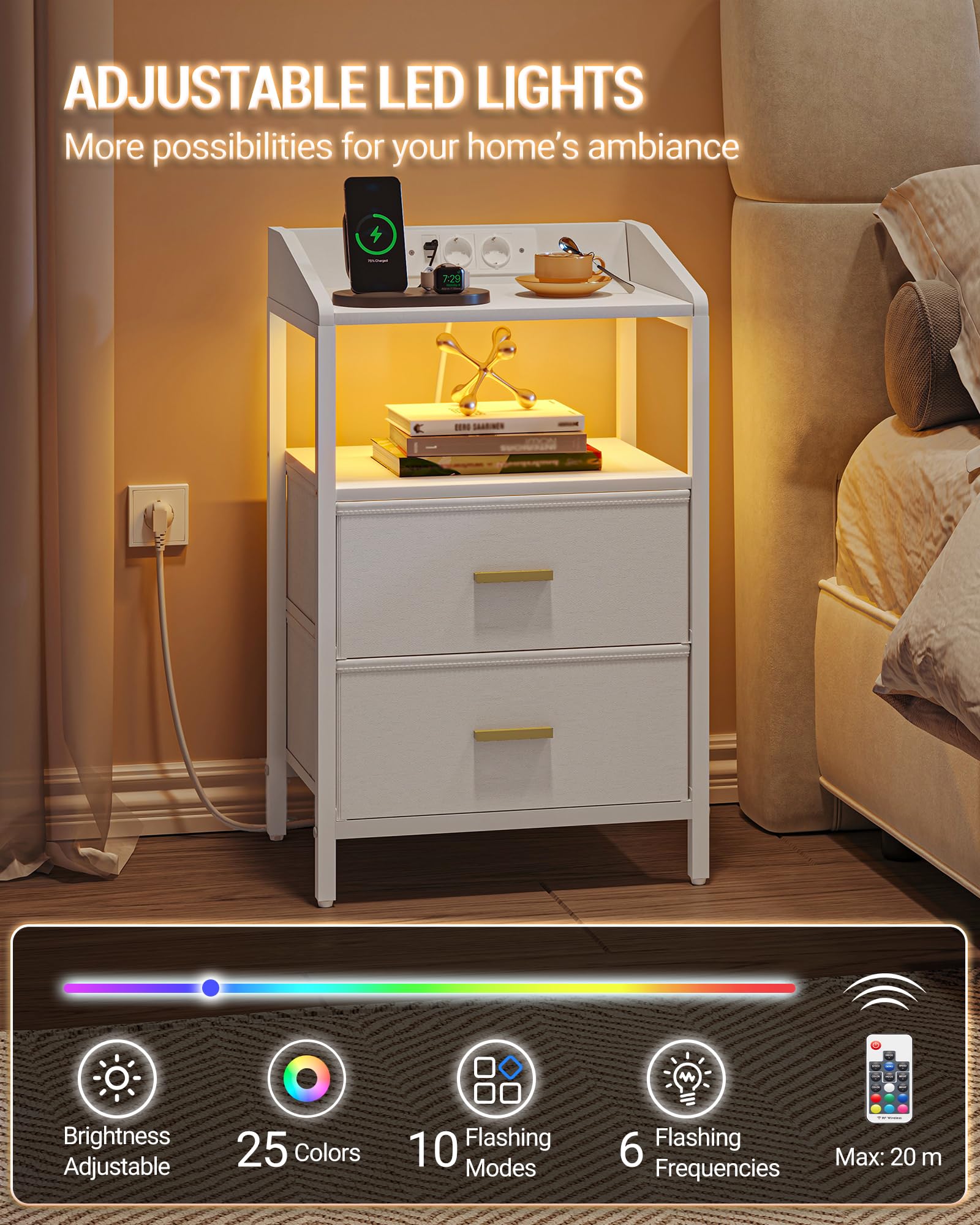 Hzuaneri Table de Chevet Lot de 2, avec Éclairage LED, Table de Nuit avec 2 Tiroirs de Rangement en Tissu, Tables d'appoint avec Ports USB et 2 Prises CA, pour Chambre, Blanc NS36213W