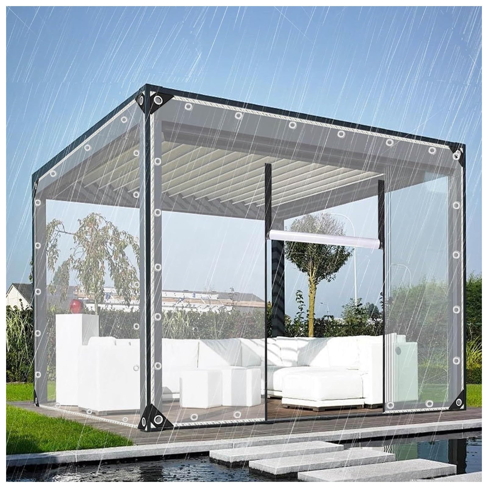 Outdoor PVC Vinyl Waterproof Clear Tarp Curtains, Transparent Tarpaulin Side Panels with Zipper Door, Tarpaulin for Pergola Patio Porch Carport Canopies, with Eyelets(H2.3xW3m/H7.5xW9.8ft)